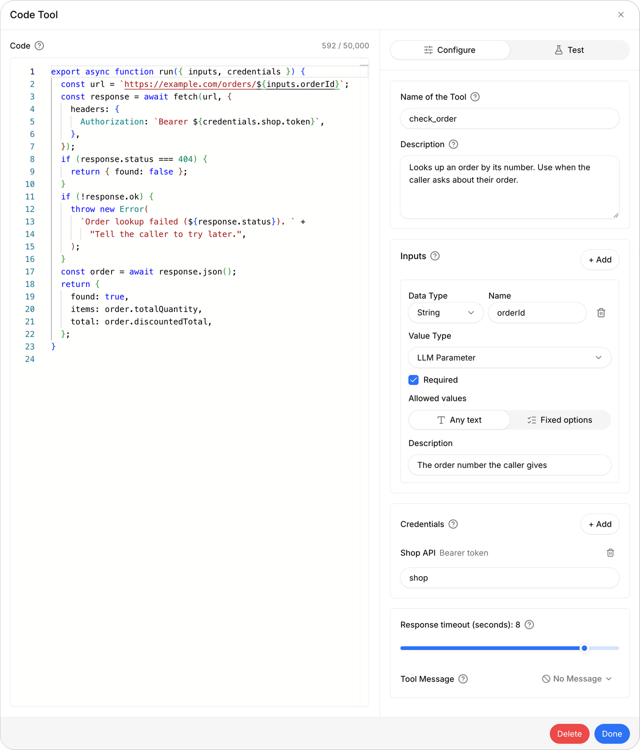 Code tool dialog with JavaScript on the left and the Configure tab on the right showing the tool name, description, an orderId LLM parameter, the Shop API bearer token credential, and a response timeout of 8 seconds