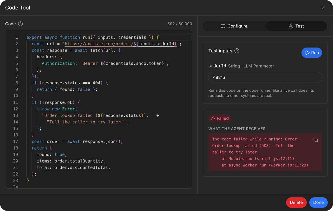 Code tool Test tab after a failed run, showing the order lookup error message the agent would receive