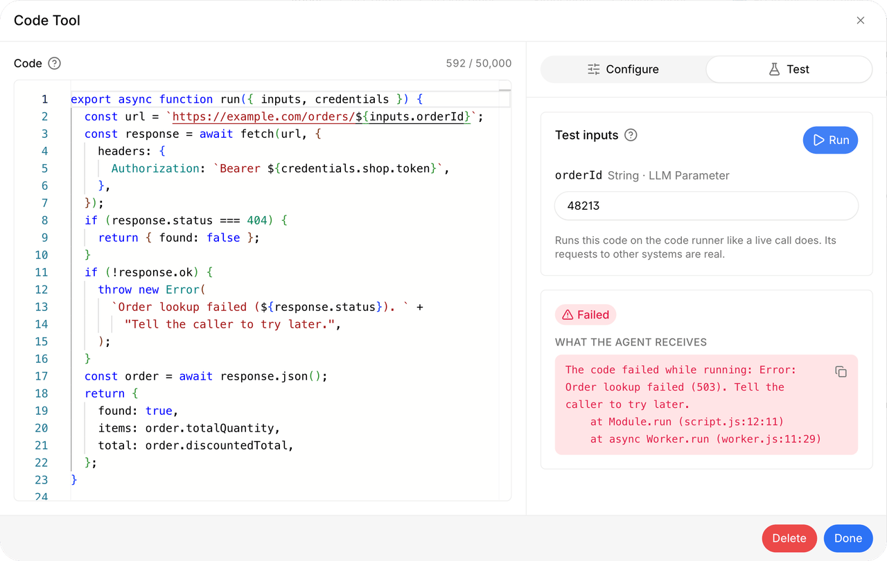 Code tool Test tab after a failed run, showing the order lookup error message the agent would receive