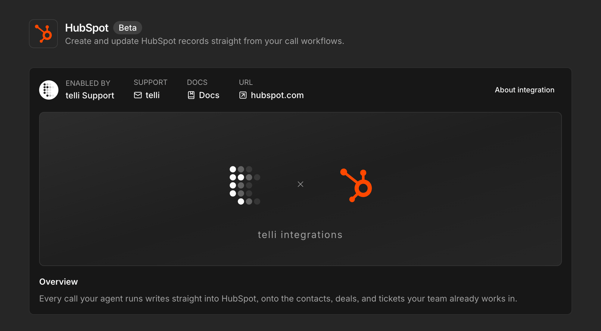HubSpot integration settings with OAuth connection and Create Record workflow node