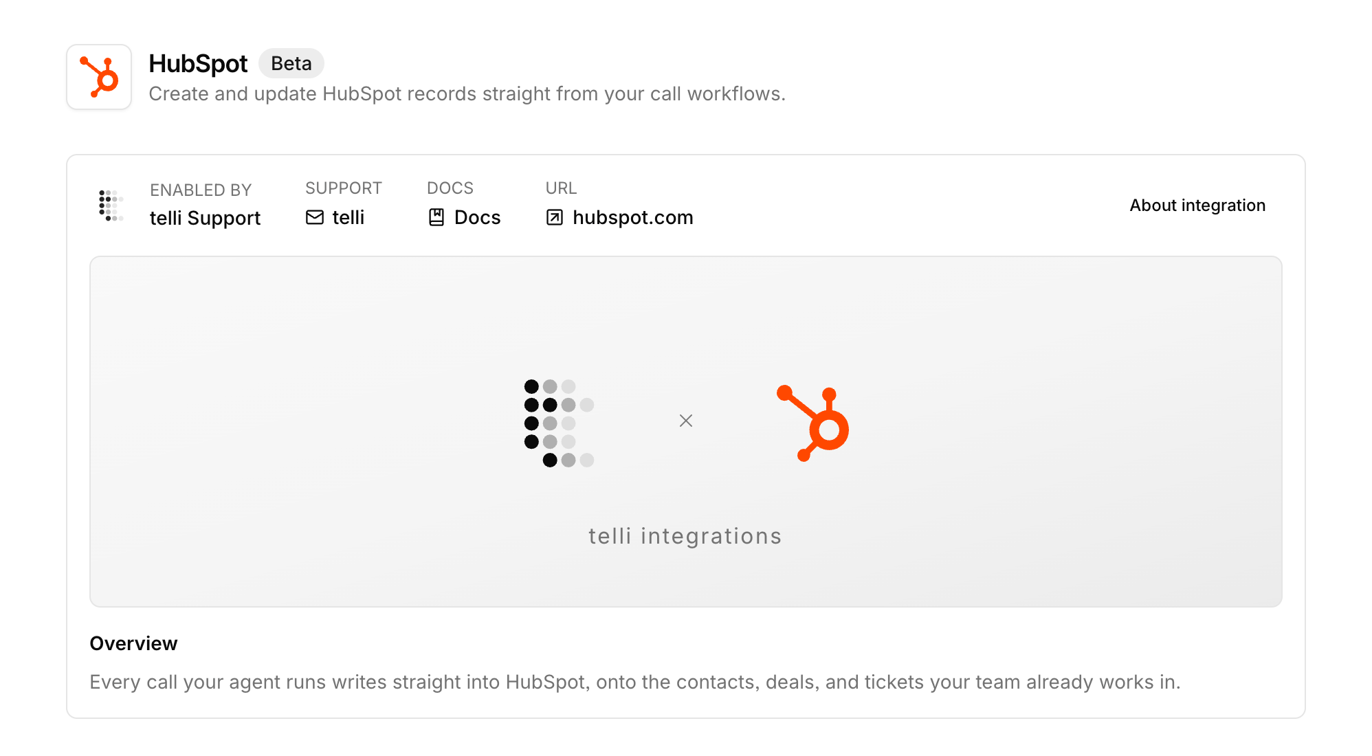 HubSpot integration settings with OAuth connection and Create Record workflow node