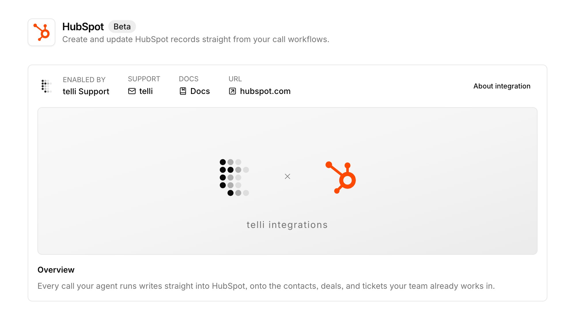 HubSpot integration settings with OAuth connection and Create Record workflow node