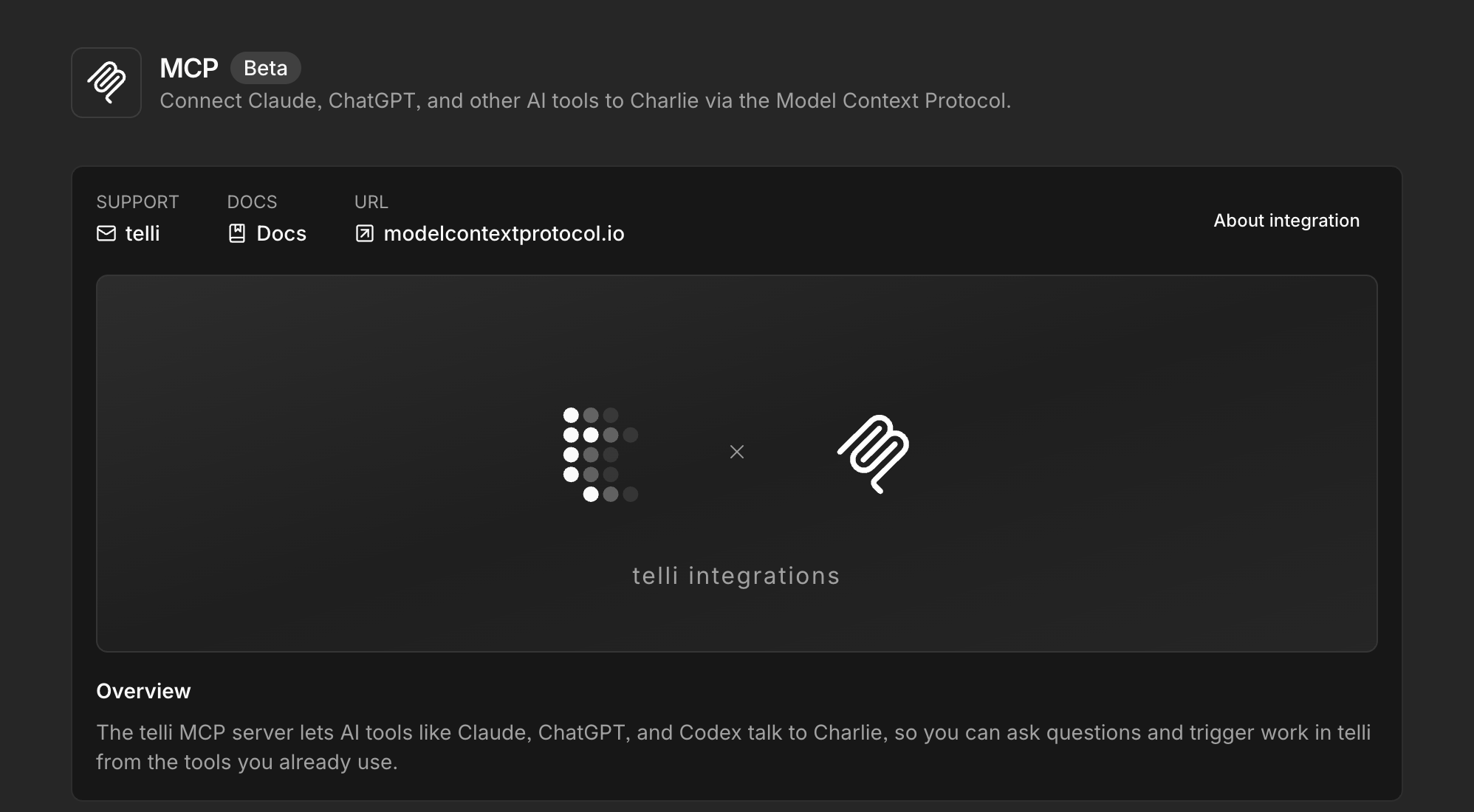 MCP integration page with an expanded overview explaining how AI tools connect to Charlie