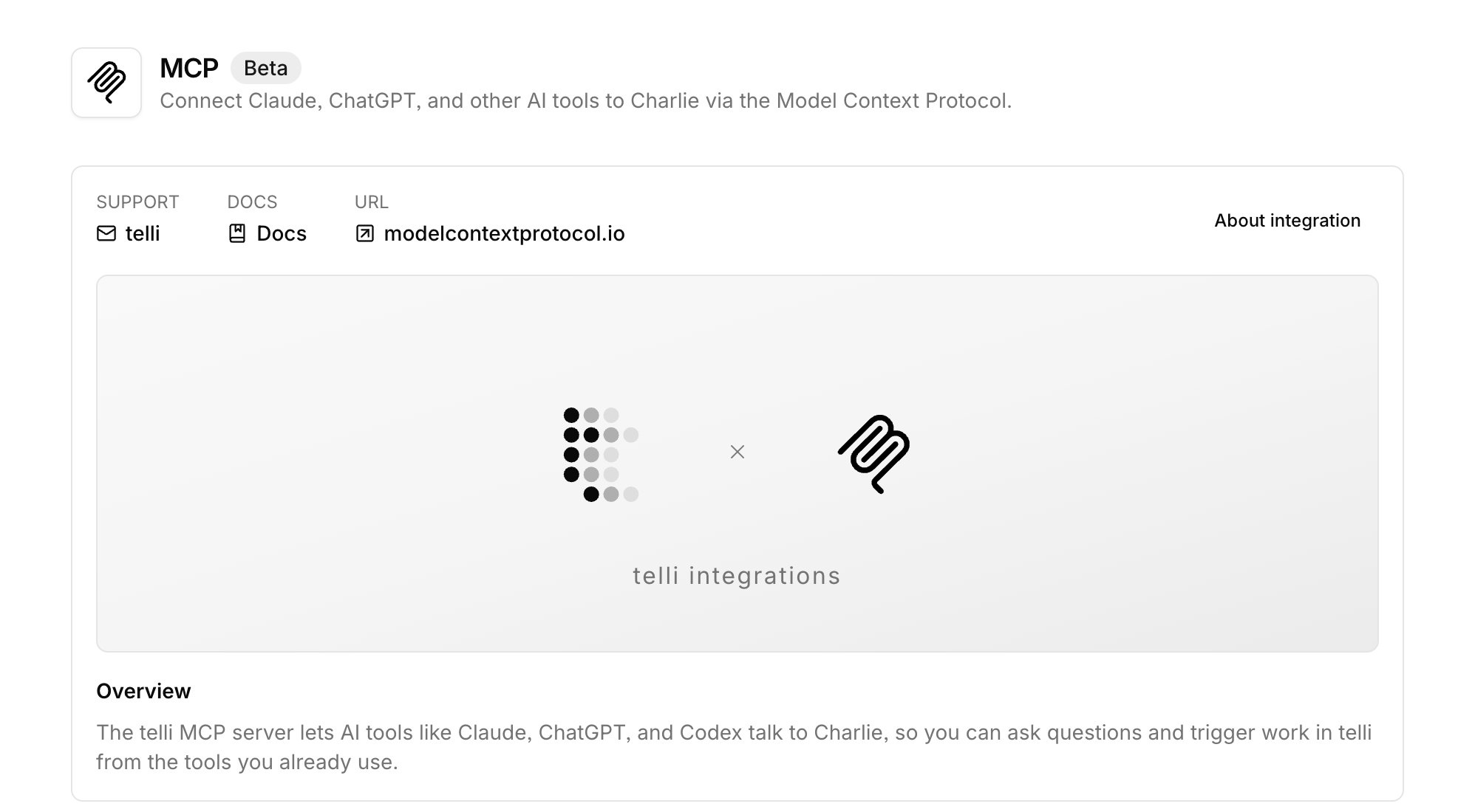 MCP integration page with an expanded overview explaining how AI tools connect to Charlie