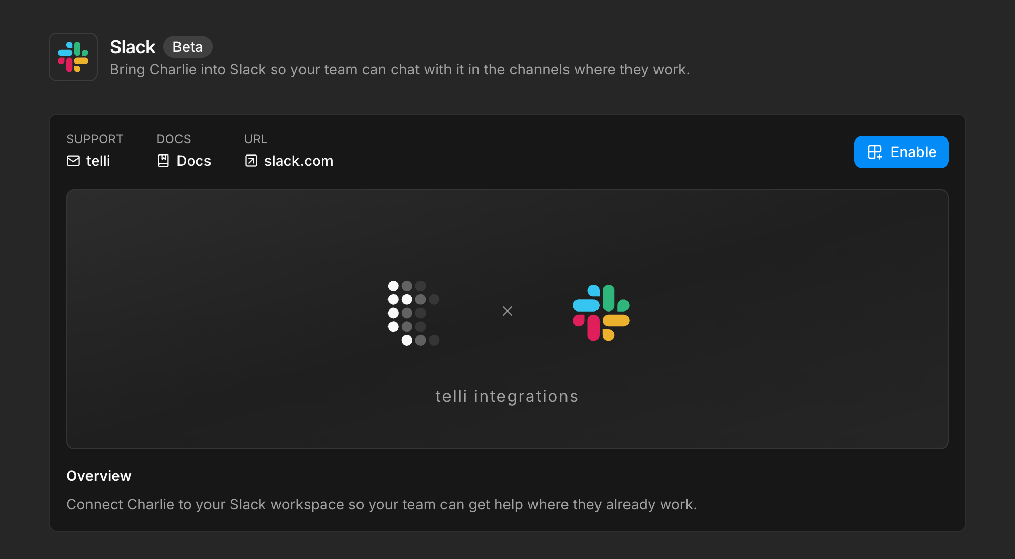 Slack integration page with the expanded overview and Enable action