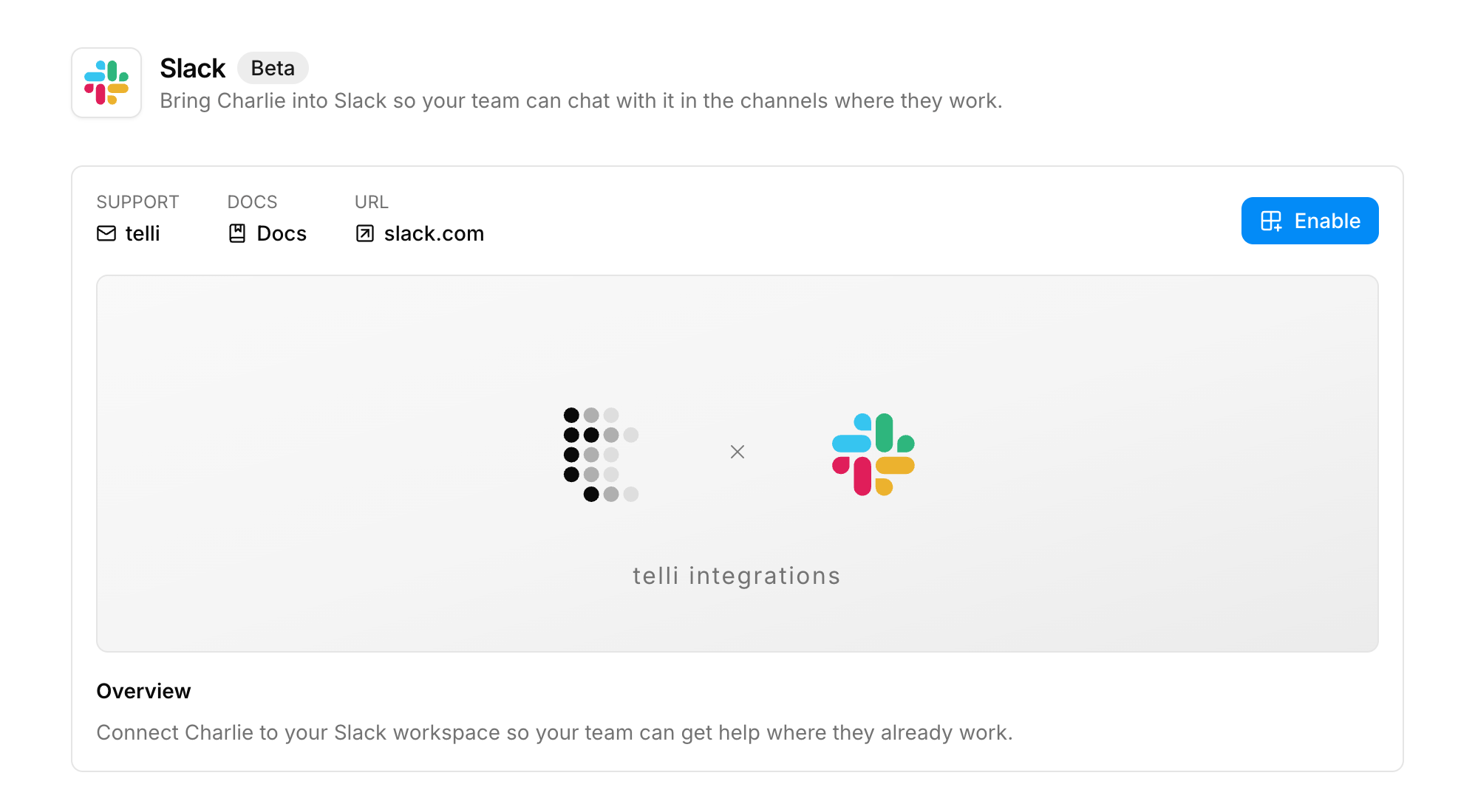 Slack integration page with the expanded overview and Enable action