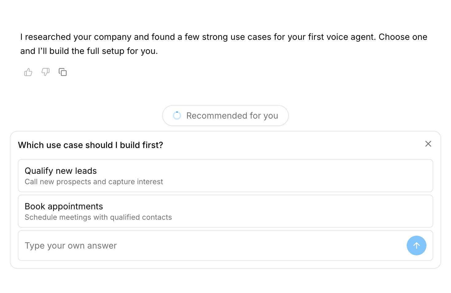 Charlie recommending tailored use cases for a new voice agent after researching the company