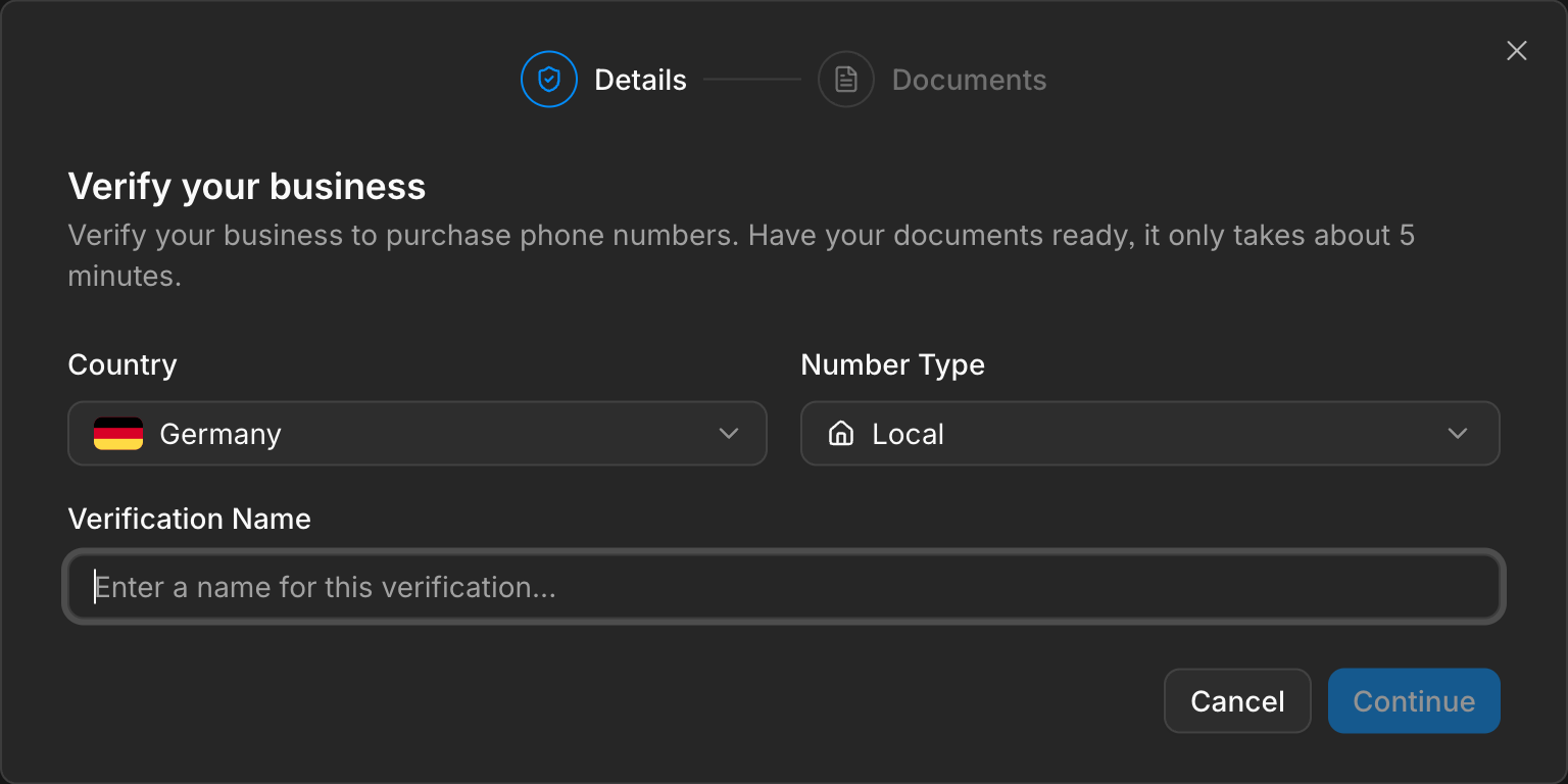 Dialog zur Unternehmensverifizierung mit den Feldern Germany, Local und Verification Name