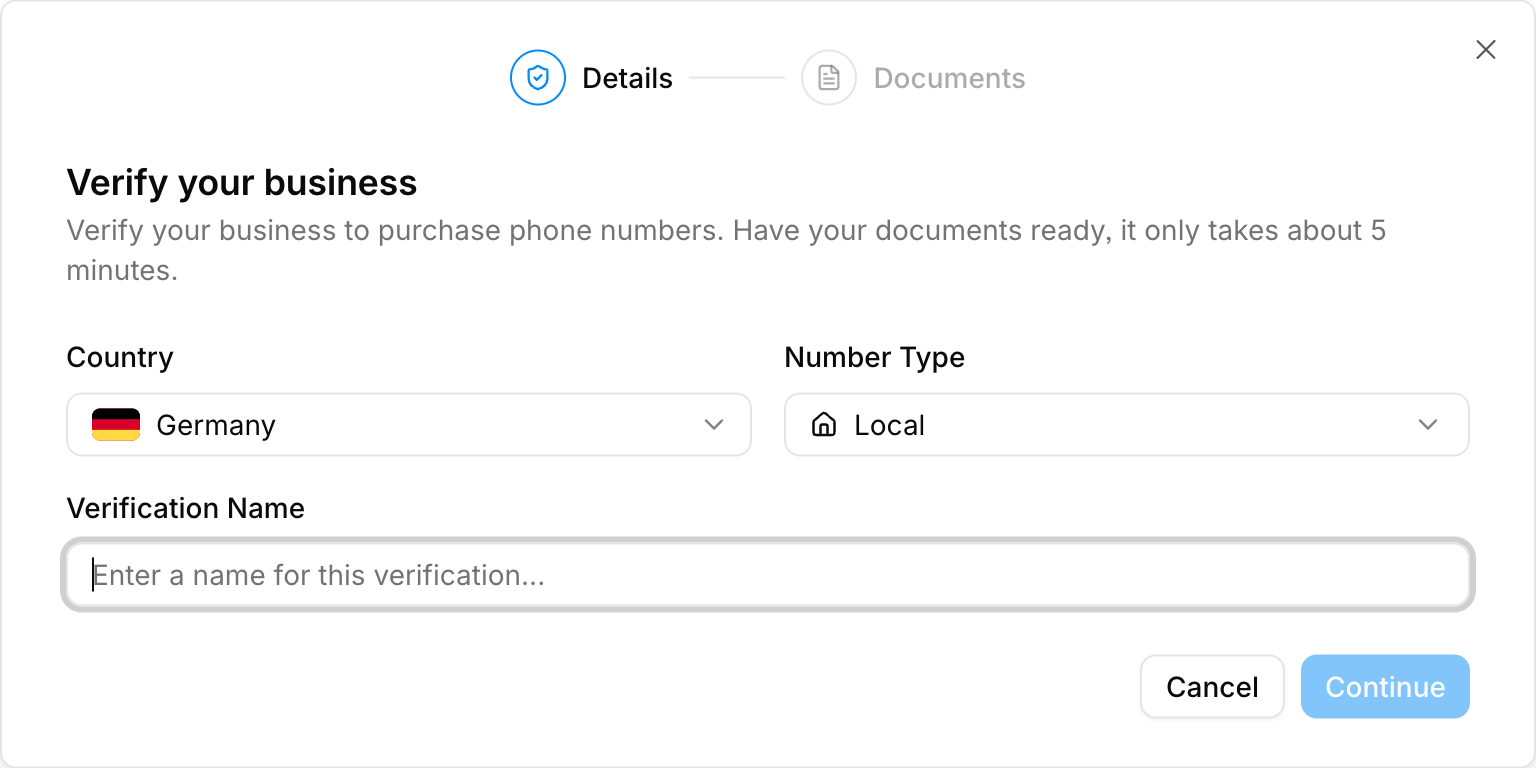 Dialog zur Unternehmensverifizierung mit den Feldern Germany, Local und Verification Name