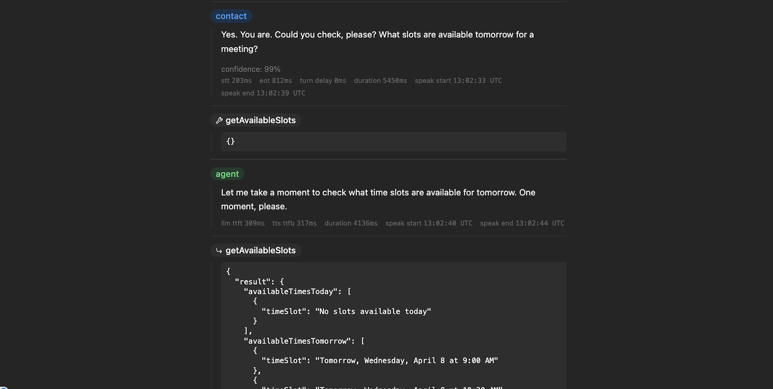 Debug mode in call details showing chat turns, timings, and tool output