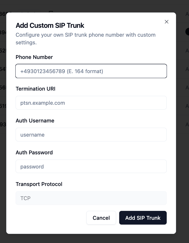 Custom SIP Trunk Configuration