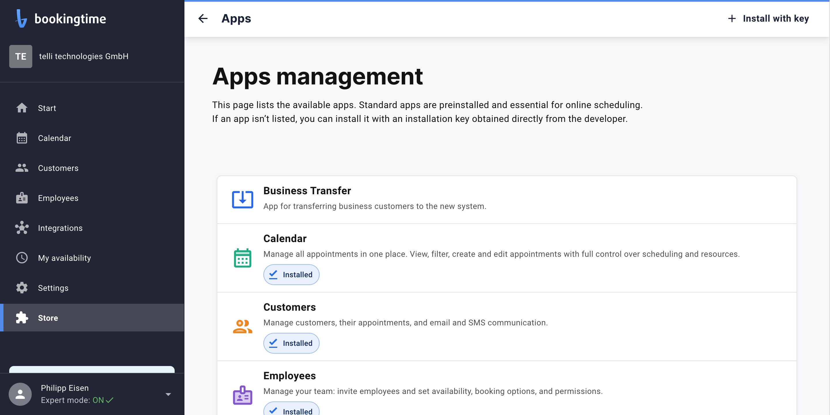 The Apps section of the bookingtime Store, with the Install with key button in the top right