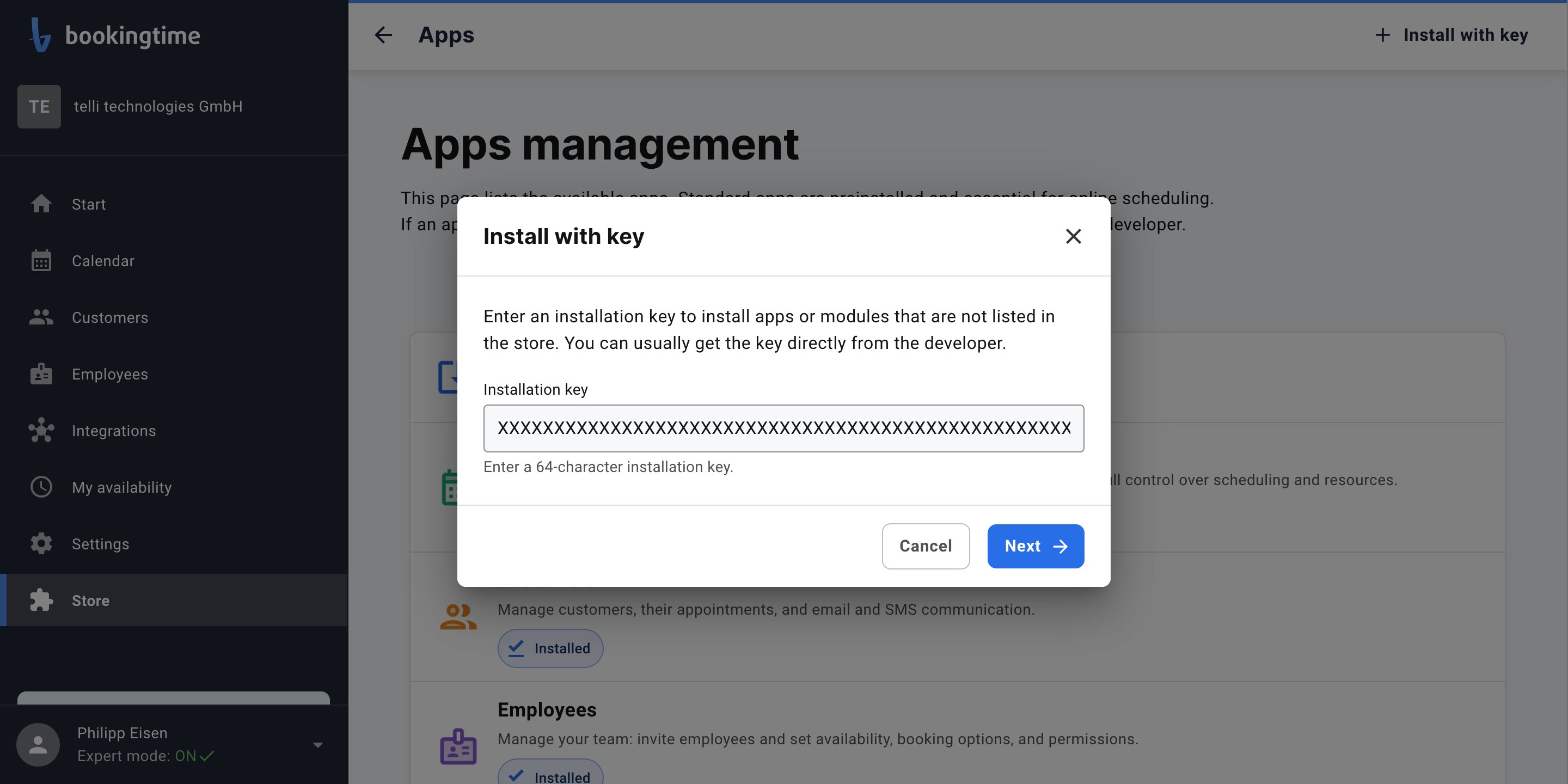 The Install with key dialog in bookingtime with an installation key entered