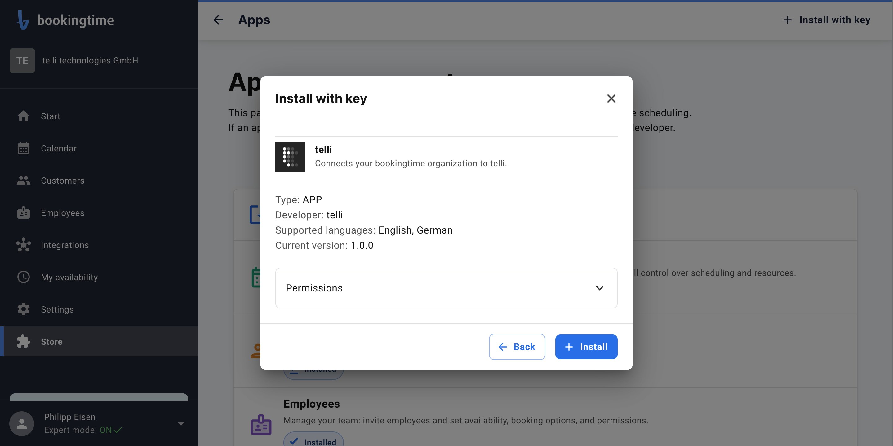 The telli app details in bookingtime showing the requested permissions and the Install button