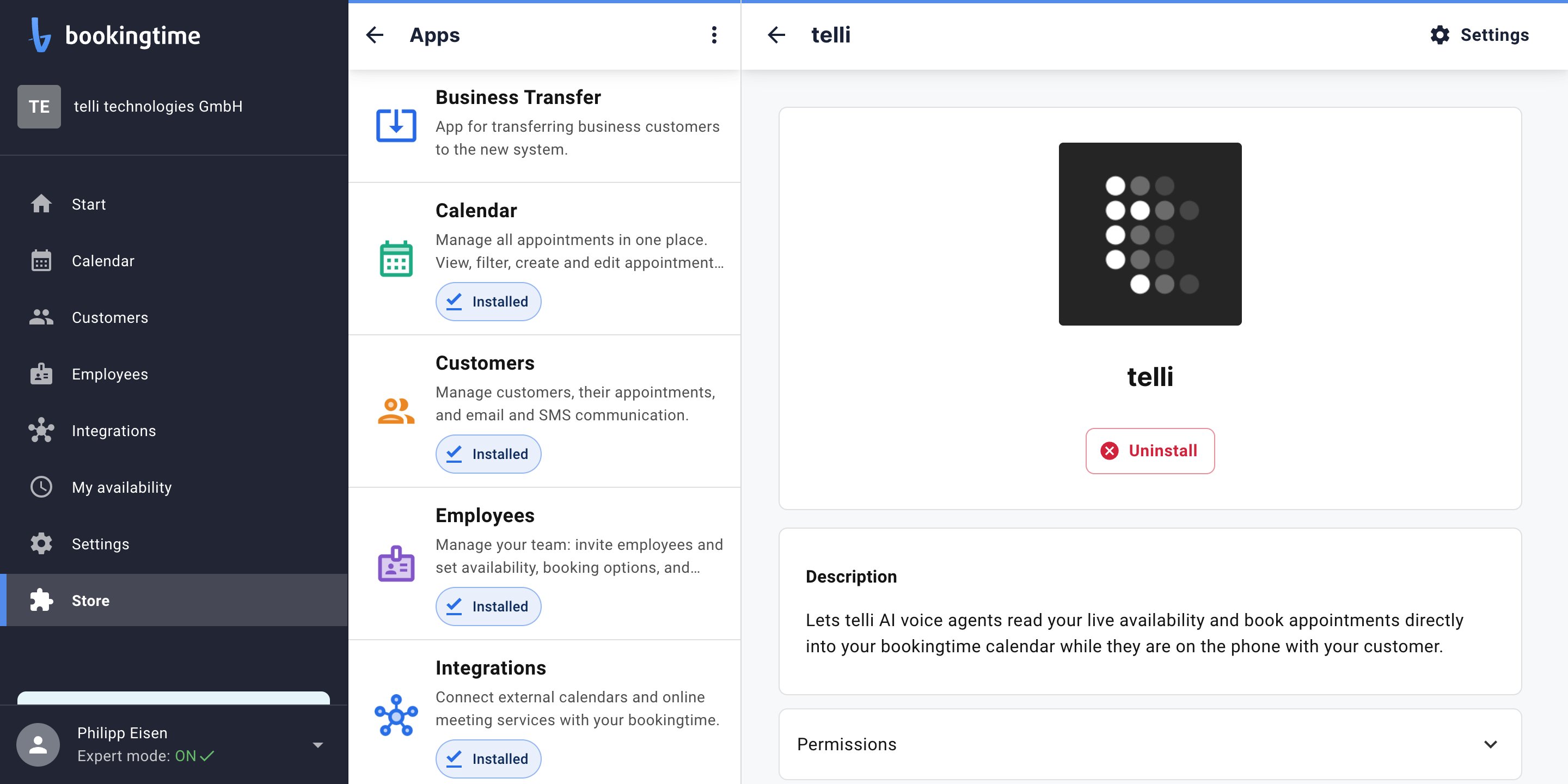 The telli app installed in bookingtime, showing its description and an Uninstall button