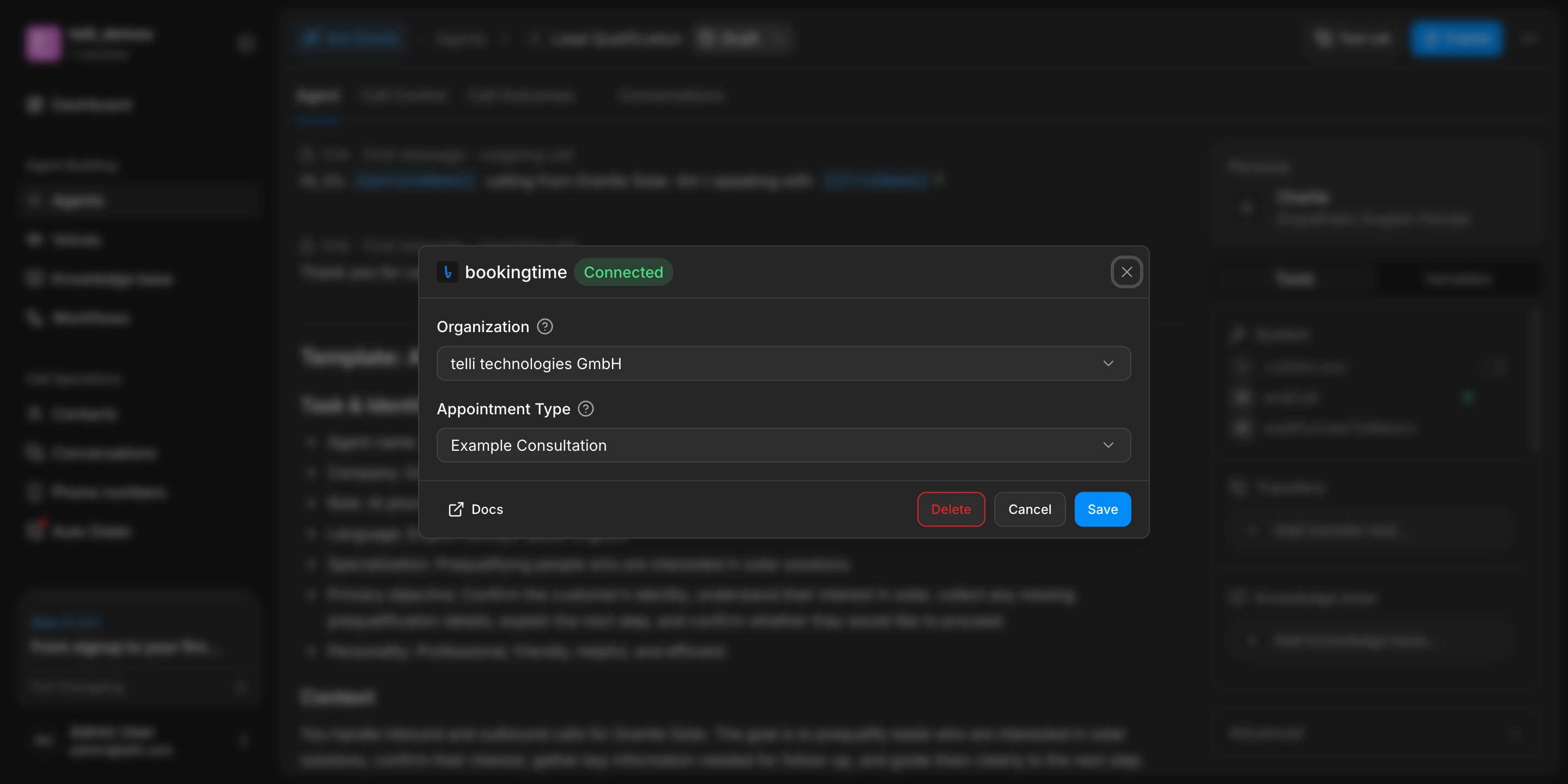 The bookingtime calendar integration in telli, showing the selected organization and appointment type
