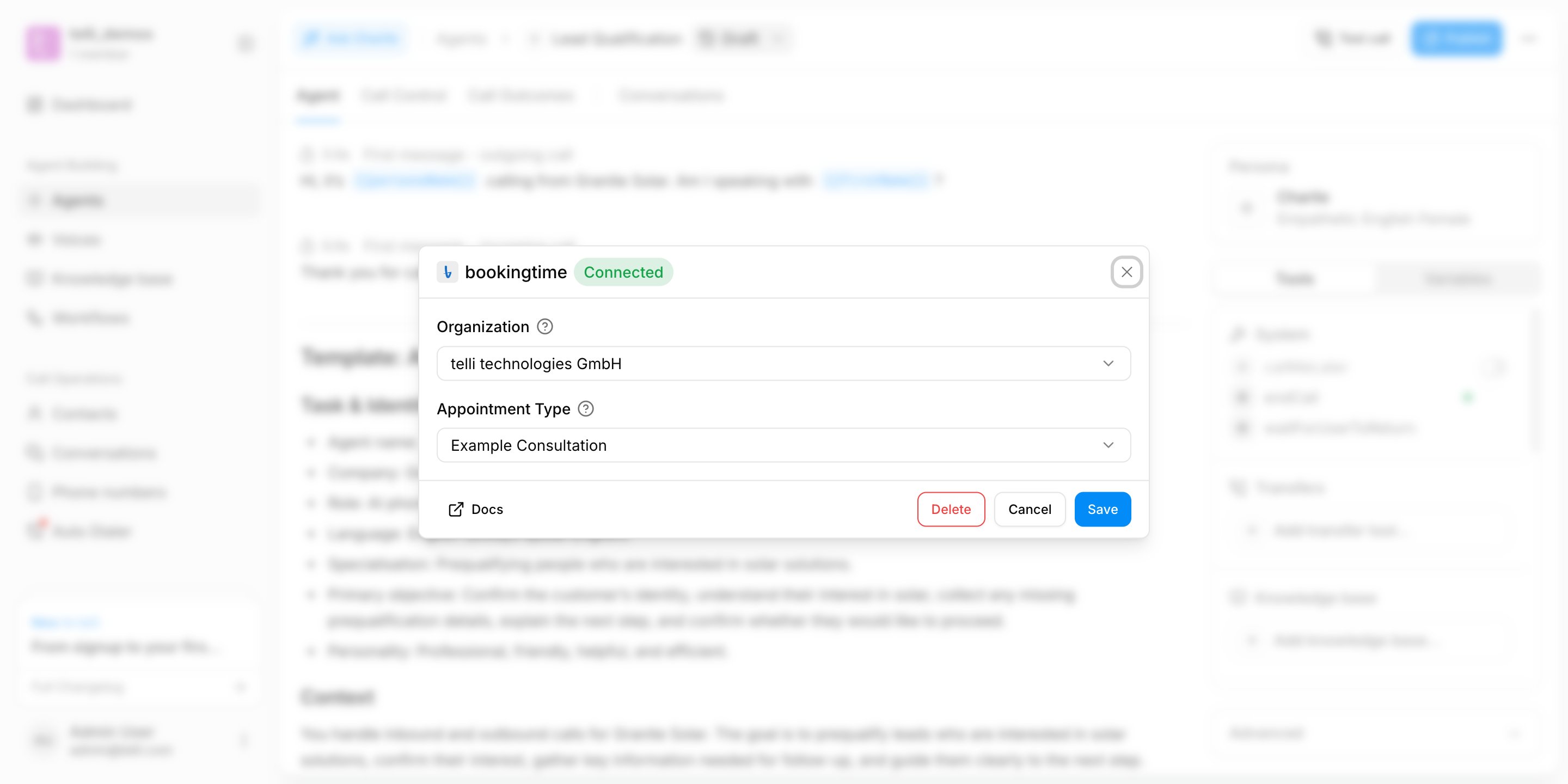 The bookingtime calendar integration in telli, showing the selected organization and appointment type