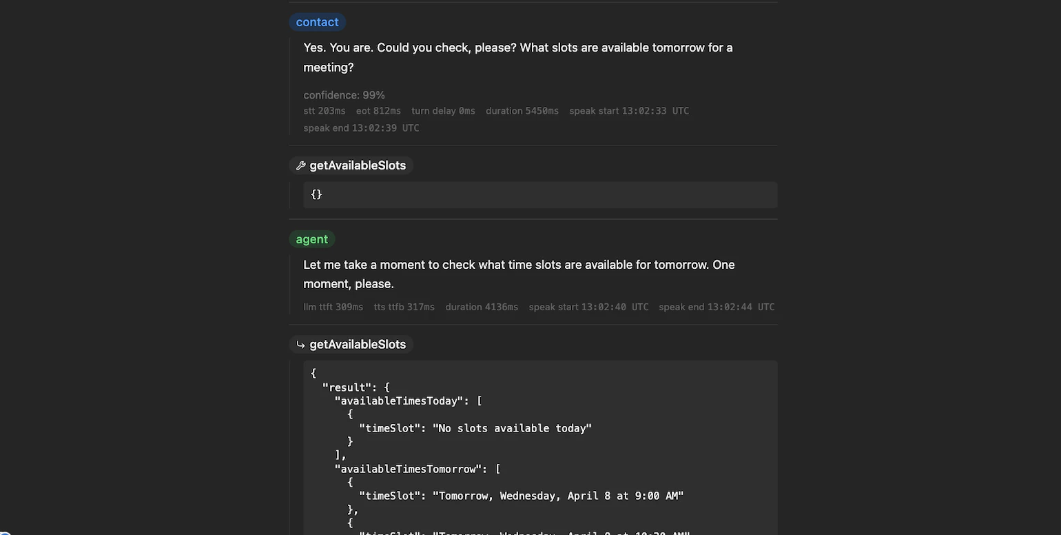 Debug mode in call details showing chat turns, timings, and tool output