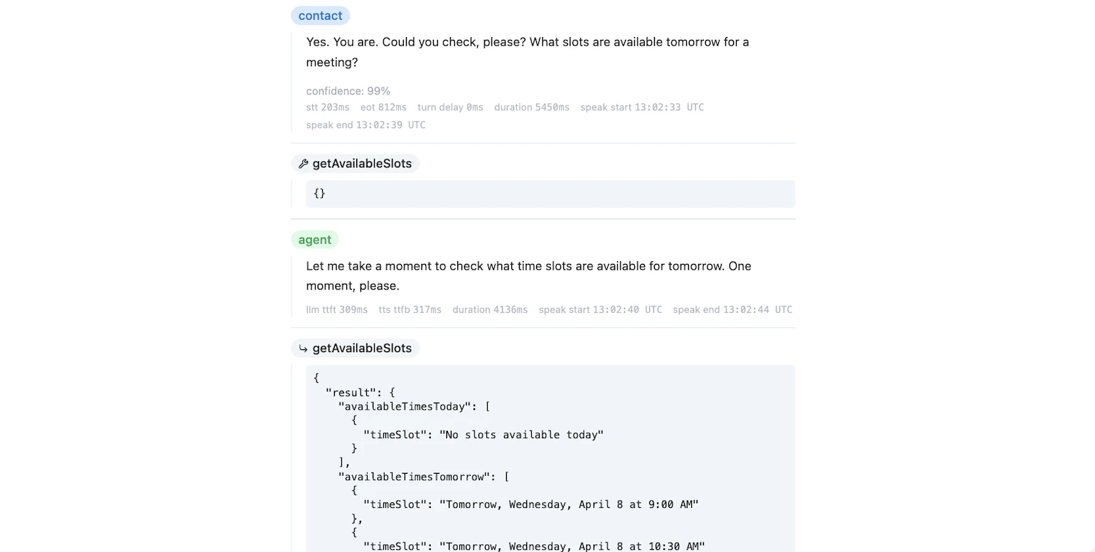 Debug mode in call details showing chat turns, timings, and tool output
