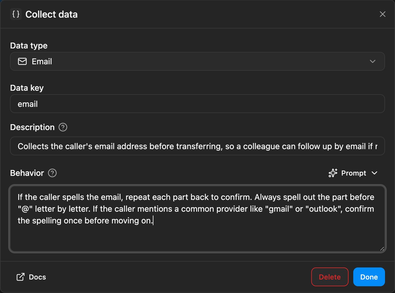 Collect Data task dialog with Prompt behavior selected