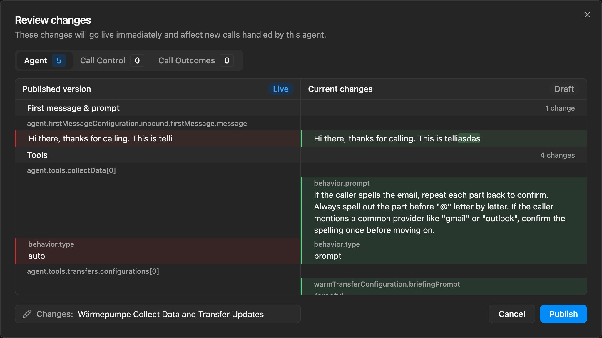 Publish dialog with auto-generated version title