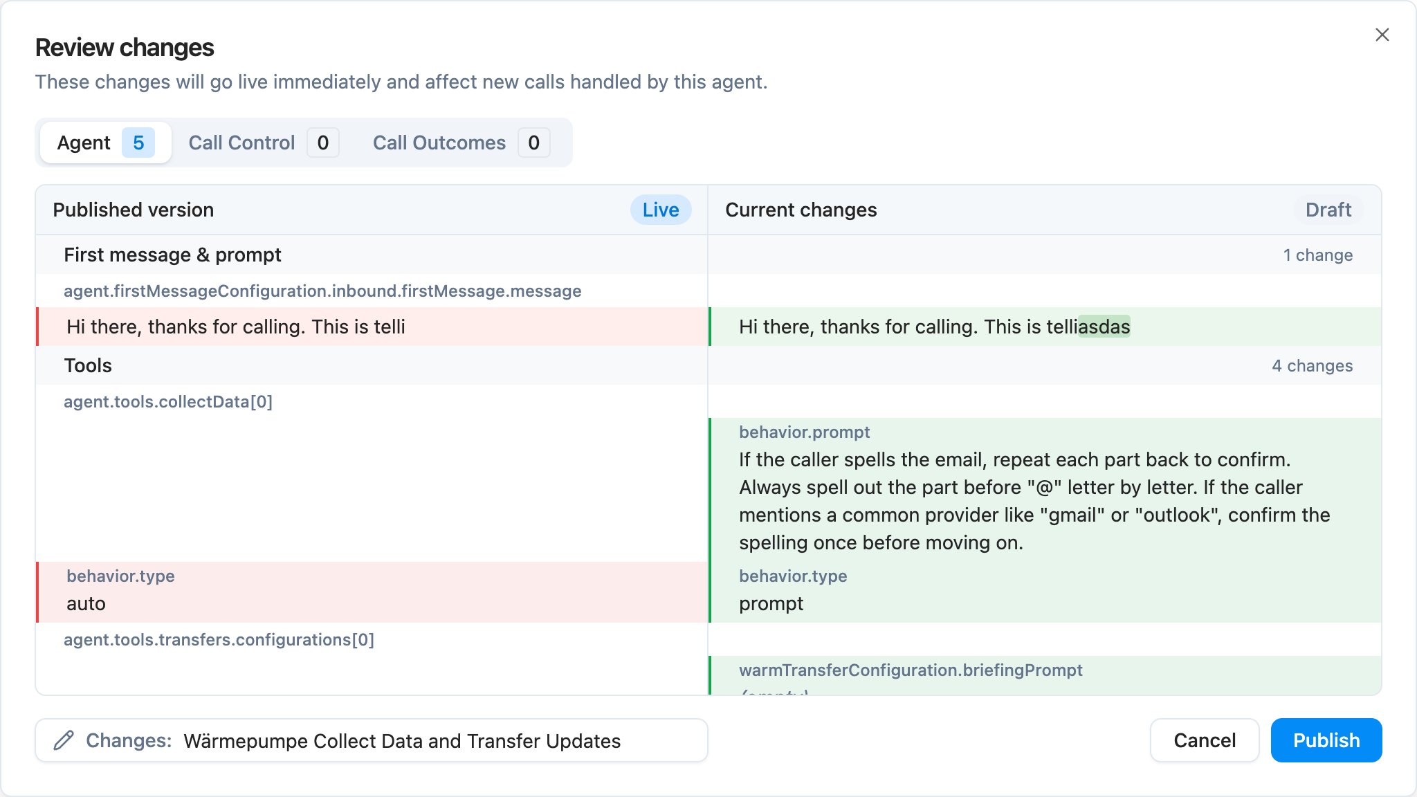 Publish dialog with auto-generated version title