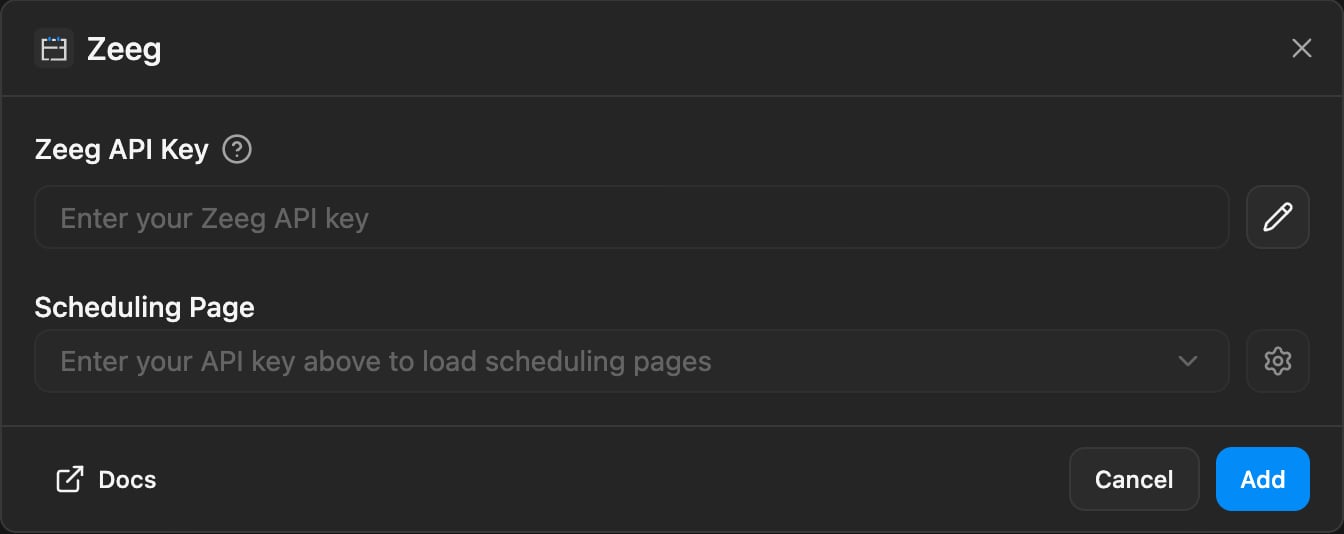 Zeeg integration settings with scheduling page picker