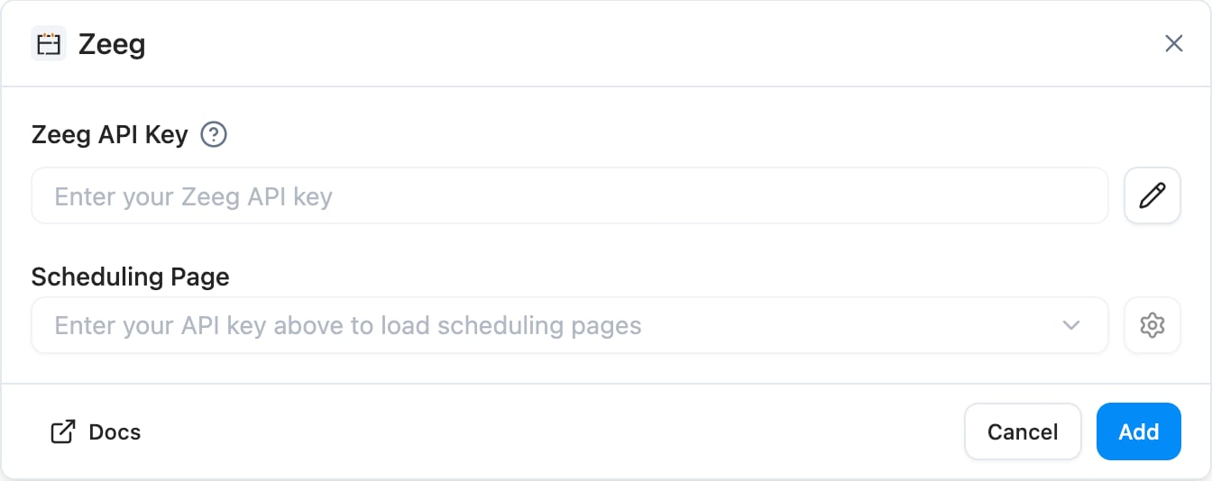 Zeeg integration settings with scheduling page picker