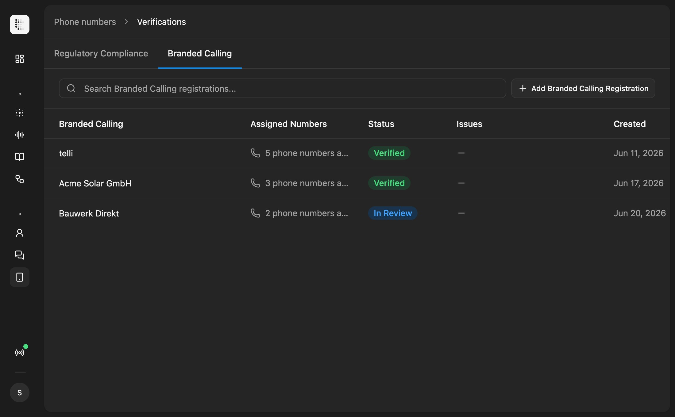 Branded Calling tab in Verifications with phone number bundle management