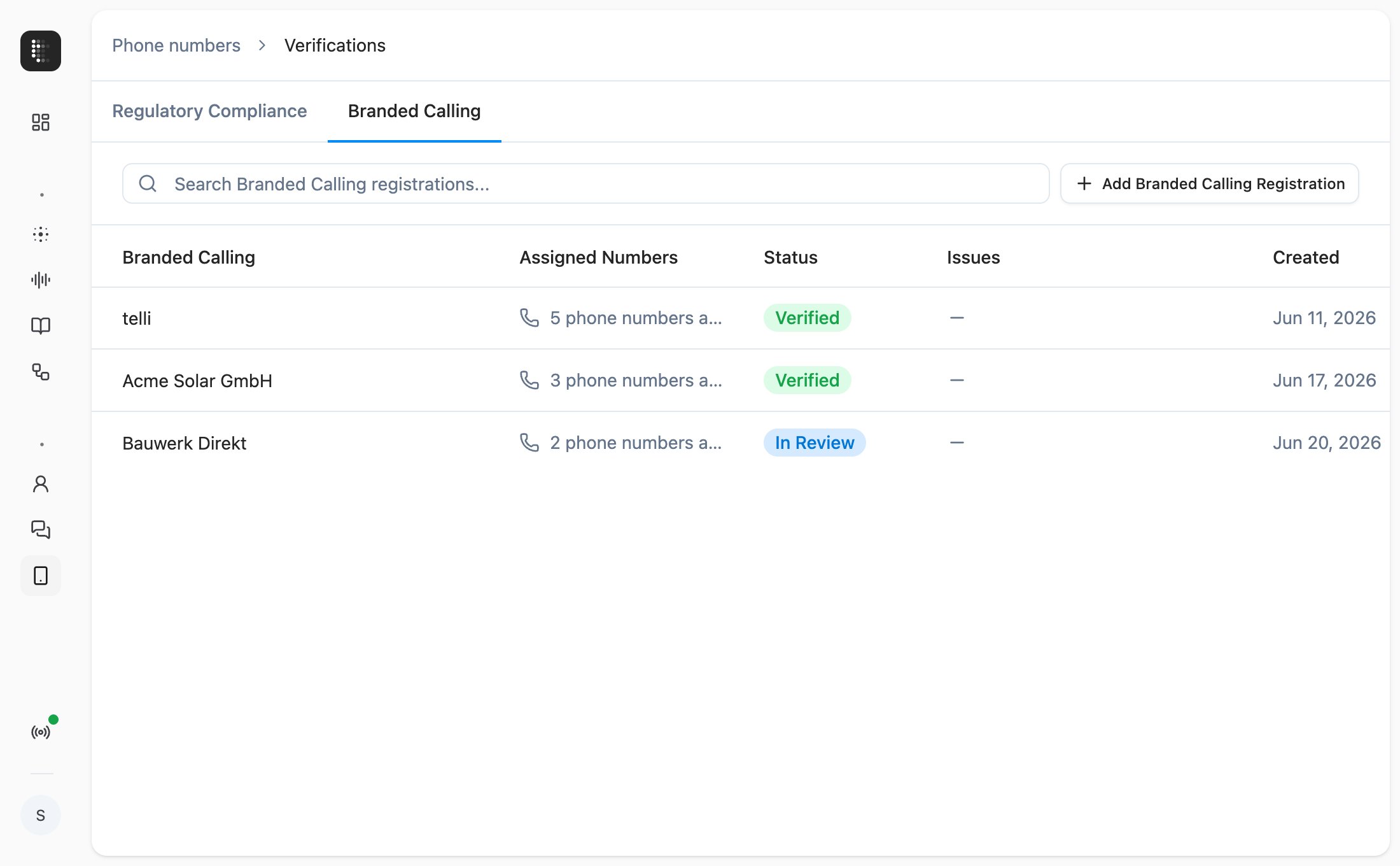Branded Calling tab in Verifications with phone number bundle management