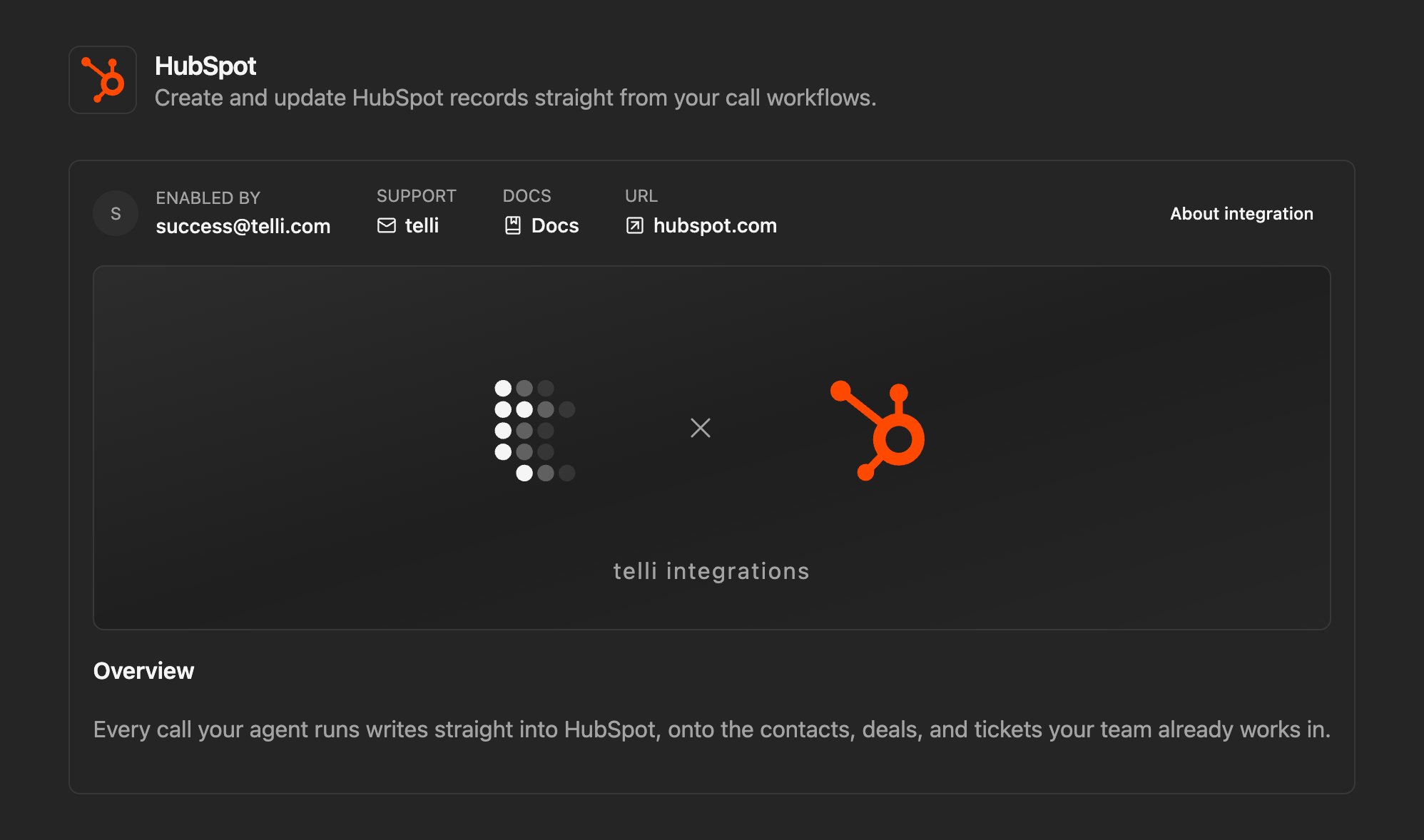 HubSpot integration settings with OAuth connection and Create Record workflow node