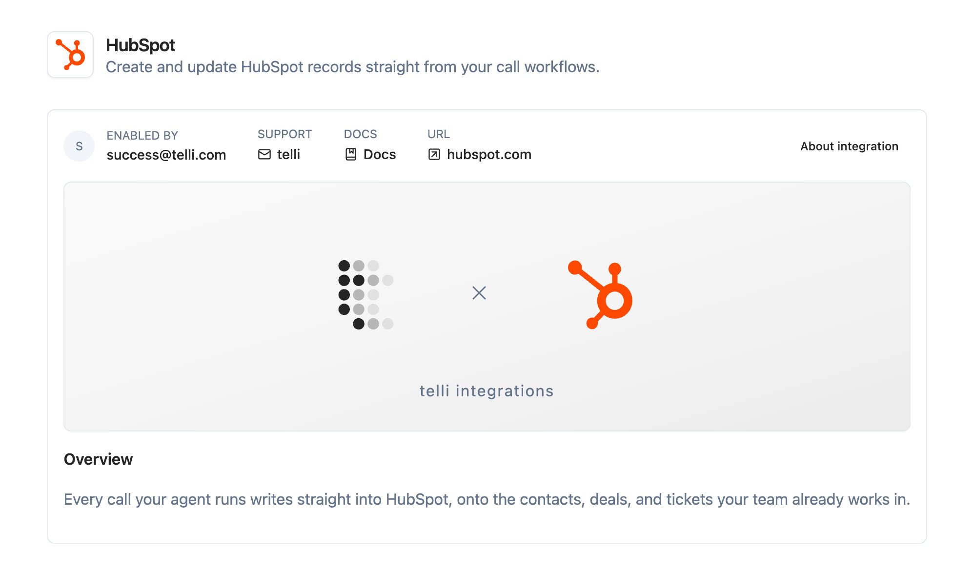 HubSpot integration settings with OAuth connection and Create Record workflow node