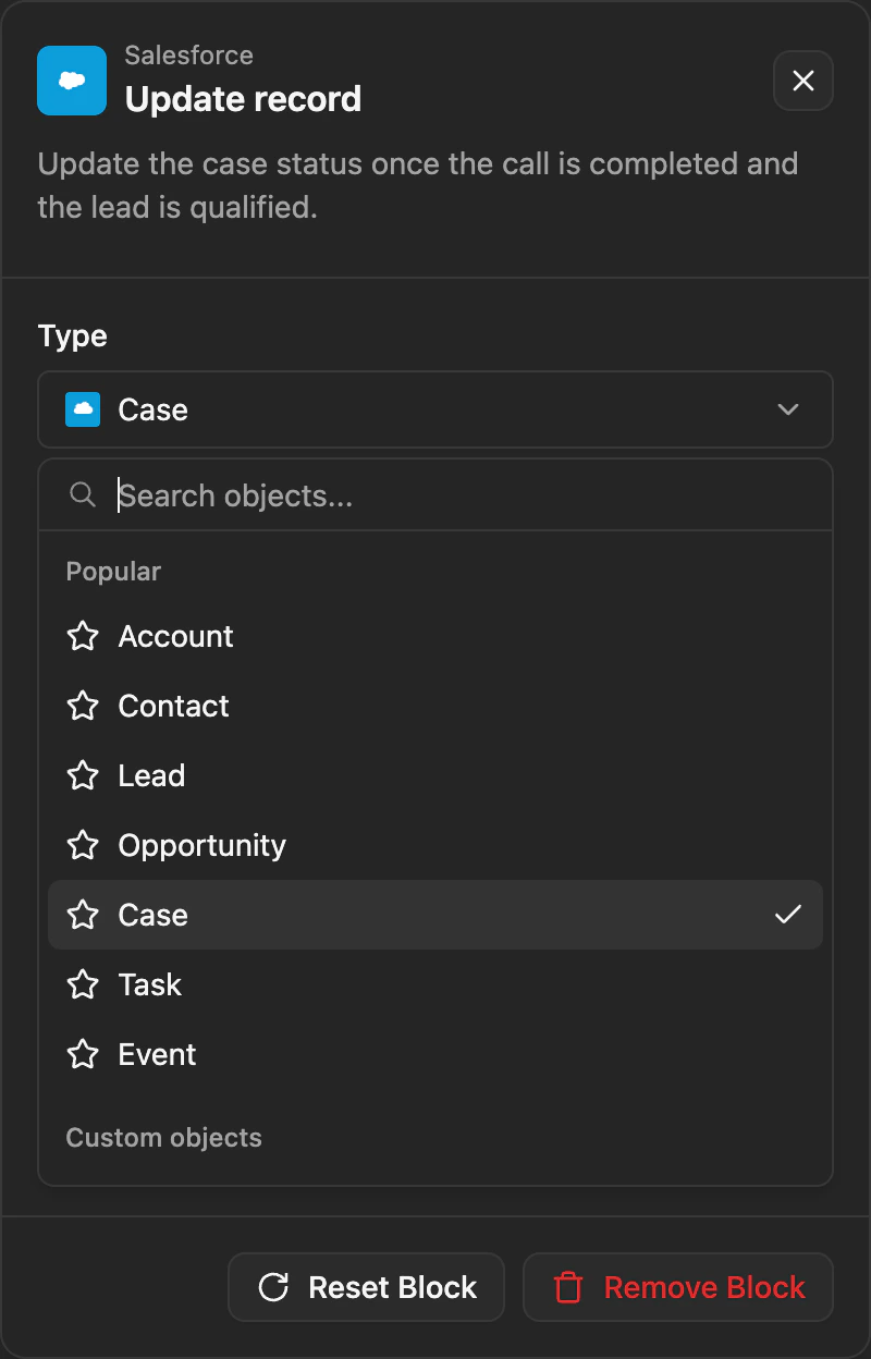 Workflow Salesforce action with object dropdown showing all available Salesforce objects