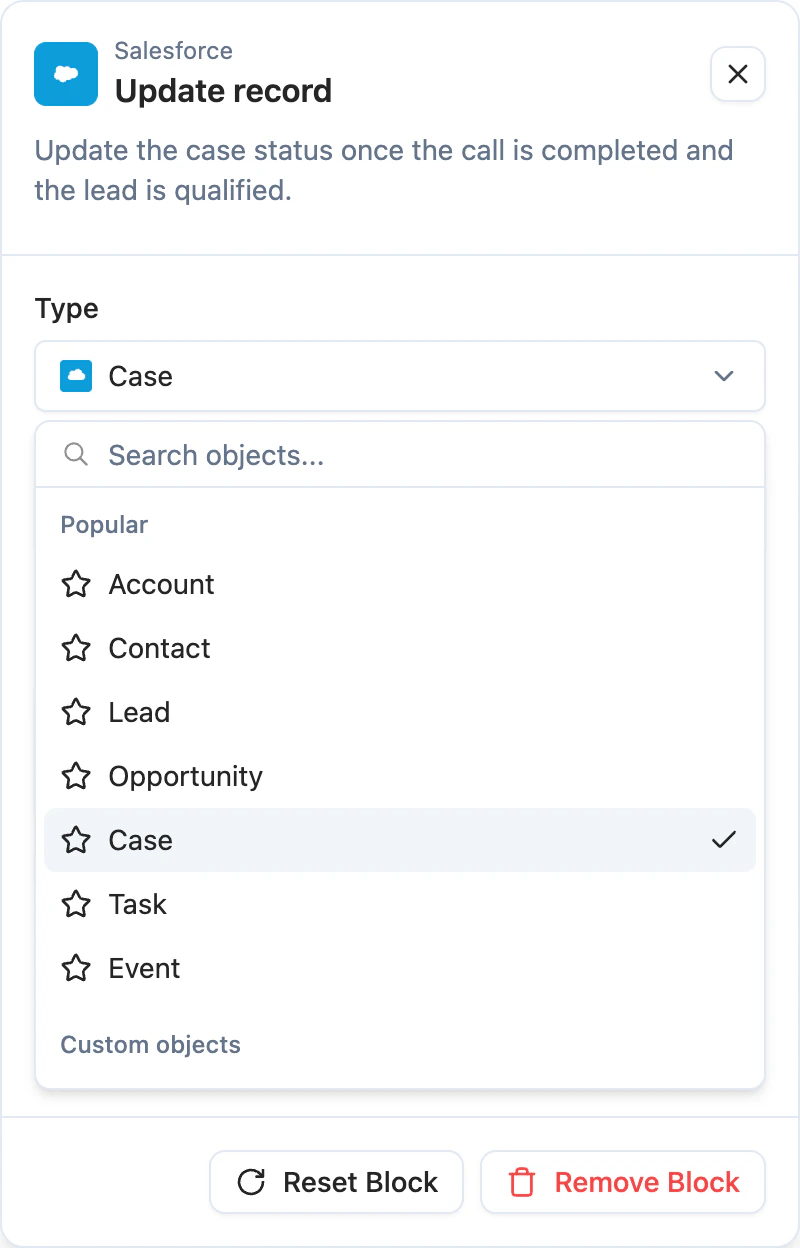 Workflow Salesforce action with object dropdown showing all available Salesforce objects
