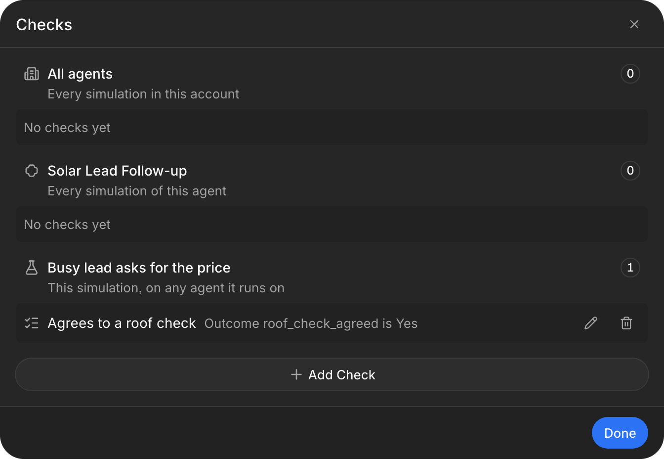 Checks dialog with the sections All agents, the agent, and the simulation, and one check in the simulation section