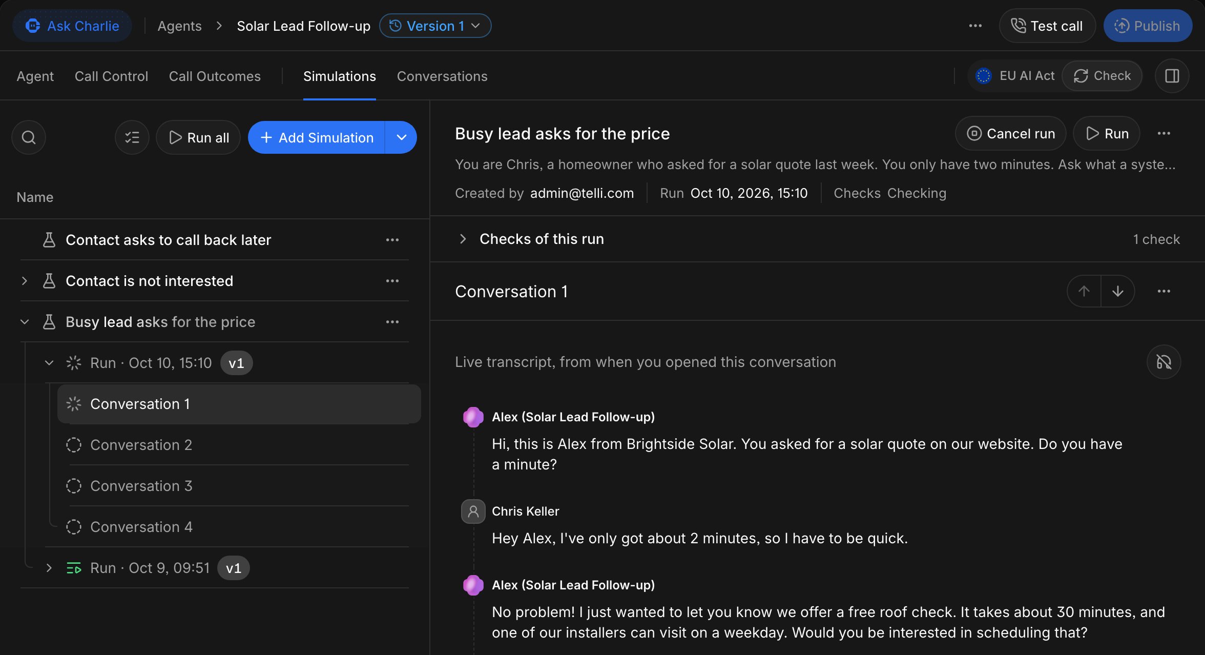 Agent Simulations tab with a running conversation and its live transcript next to the list of simulations