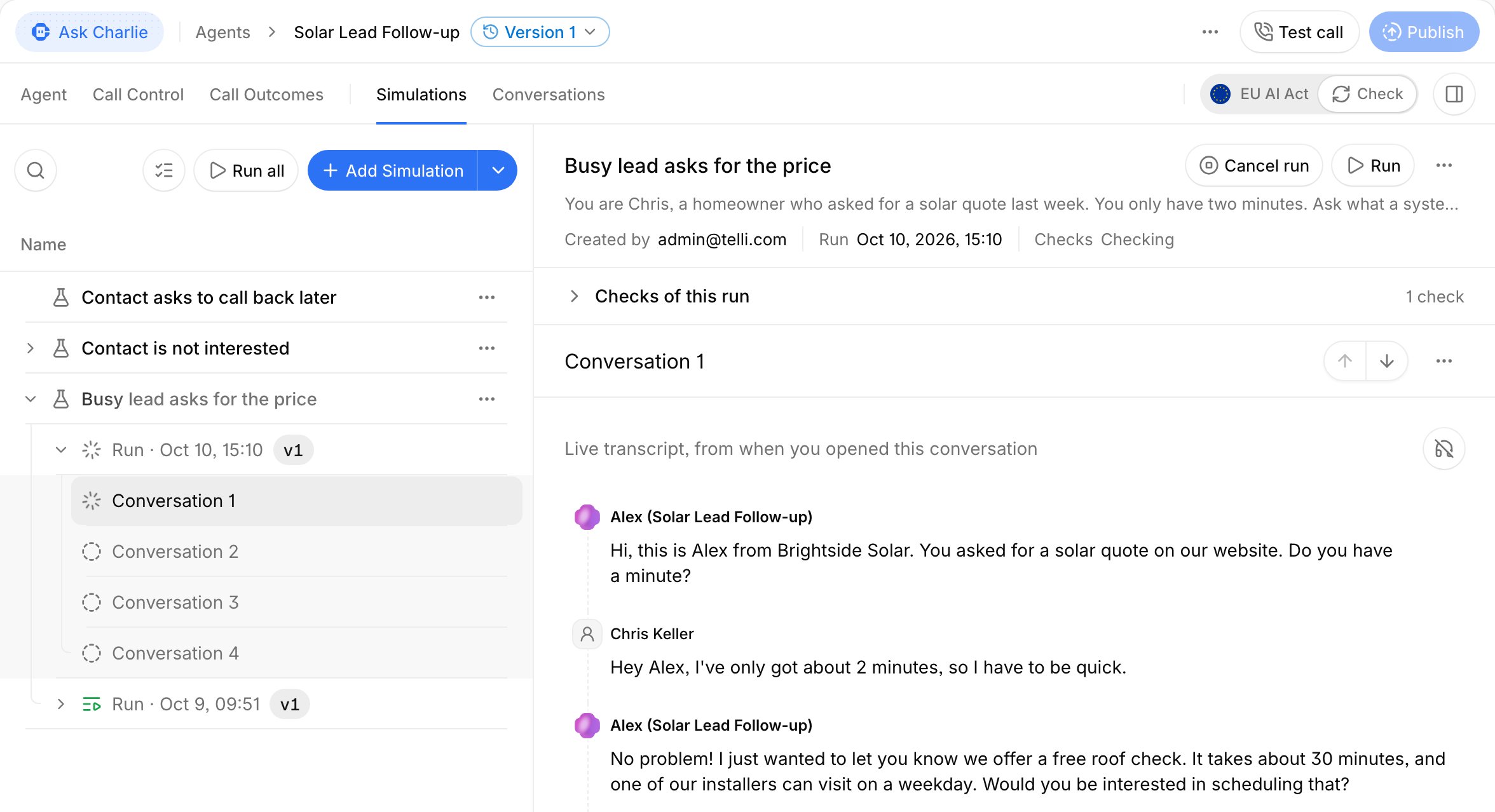 Agent Simulations tab with a running conversation and its live transcript next to the list of simulations