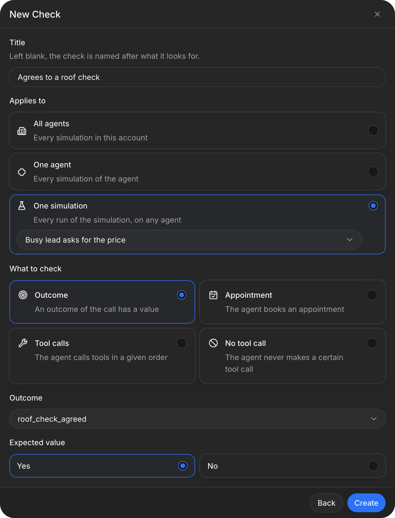 New Check dialog for the outcome roof_check_agreed with the expected value Yes