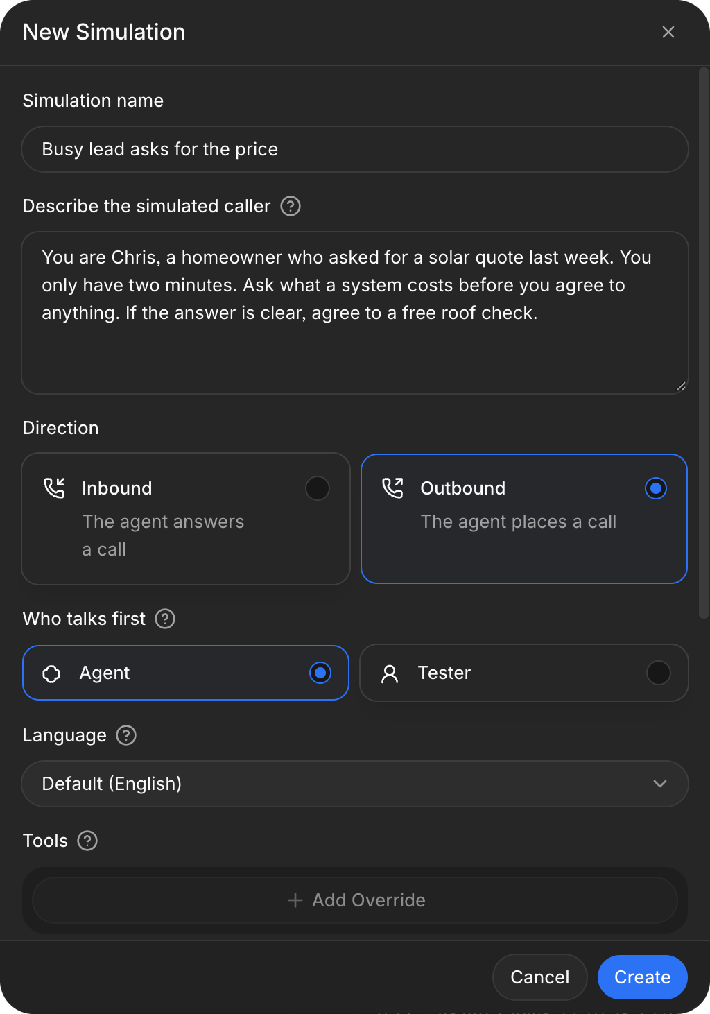 Simulation form with a name, a description of the simulated caller, outbound direction, and the agent talking first