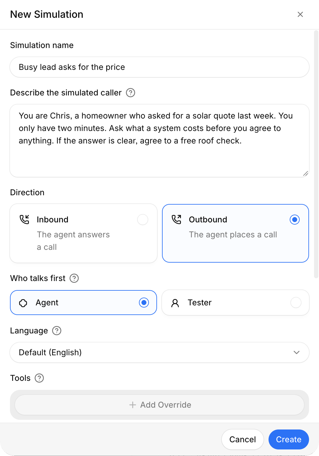 Simulation form with a name, a description of the simulated caller, outbound direction, and the agent talking first