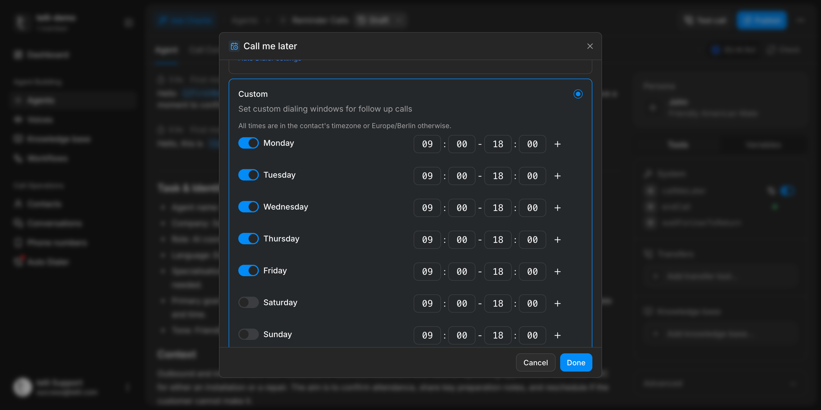 Follow-up calling window settings in the agent builder