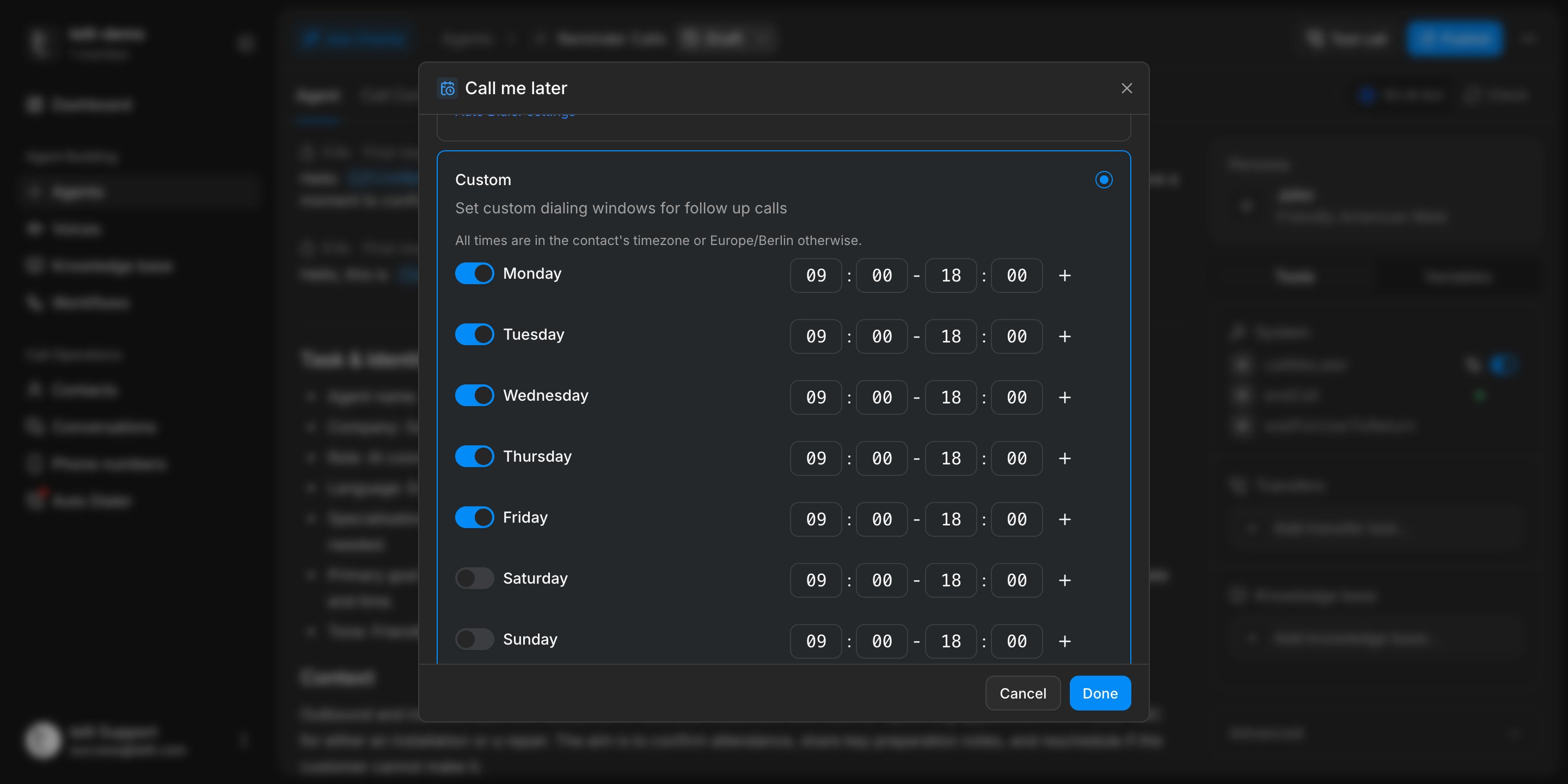 Follow-up calling window settings in the agent builder