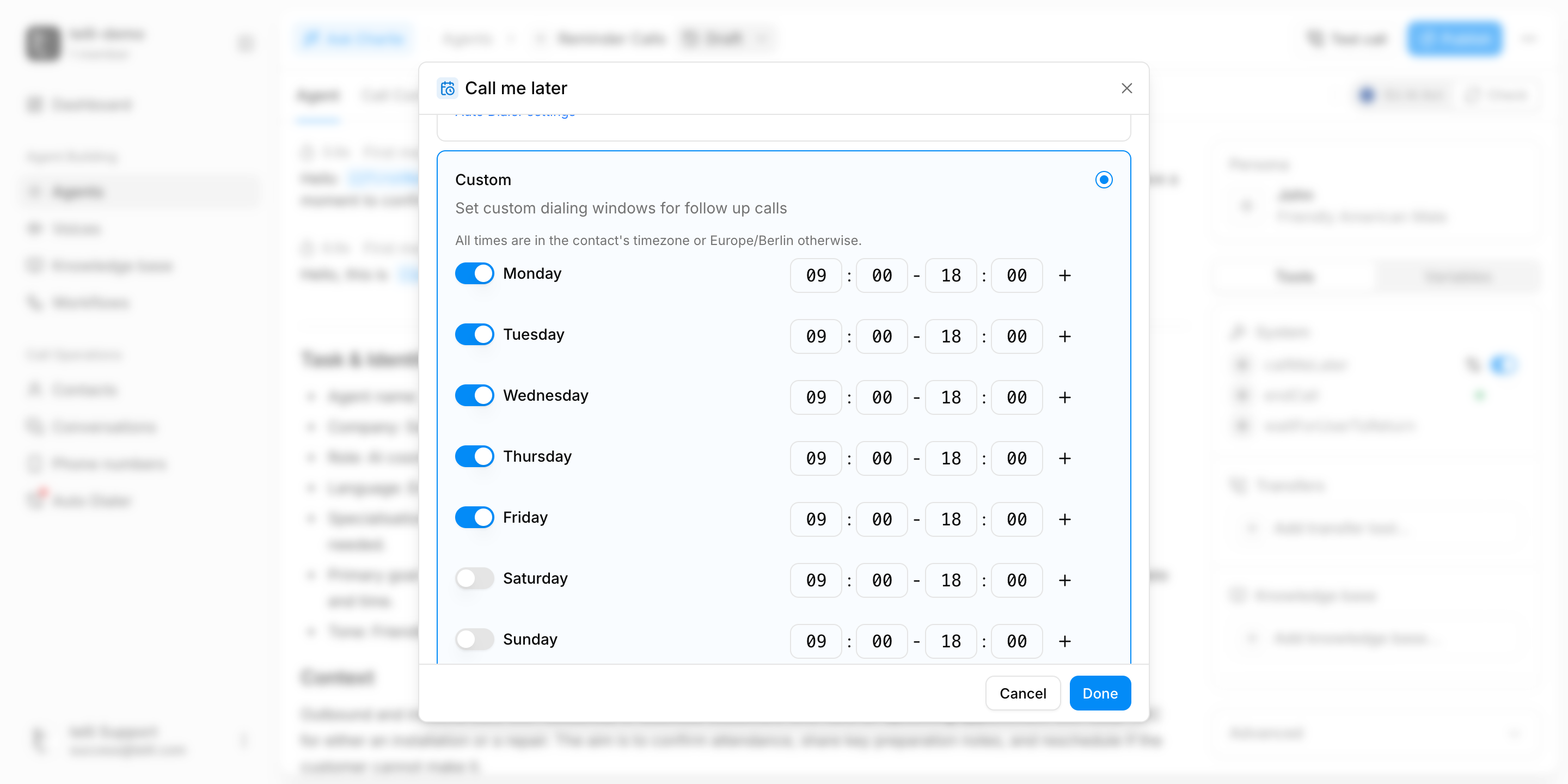 Follow-up calling window settings in the agent builder