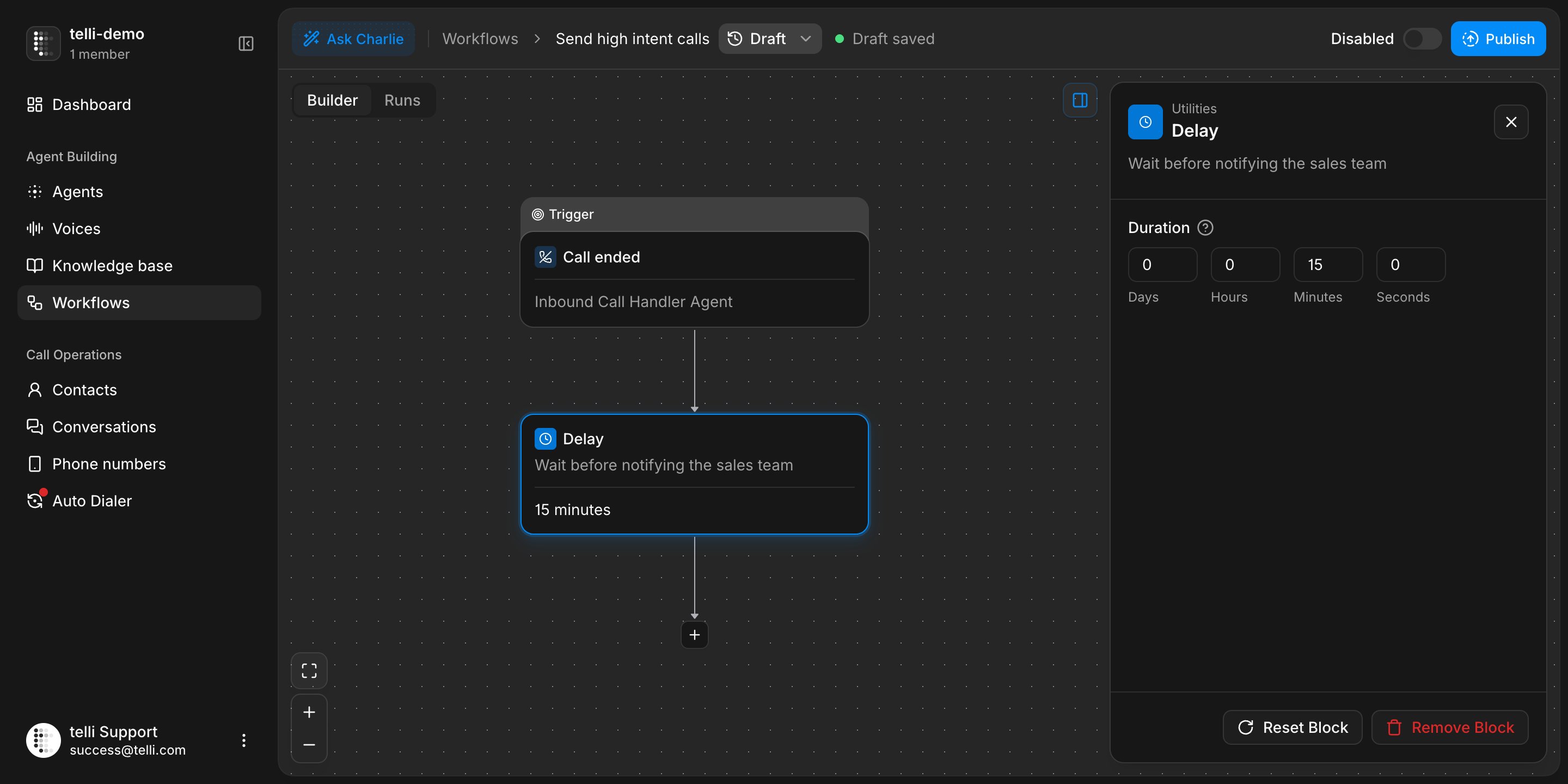 Delay step with duration controls in the workflow builder