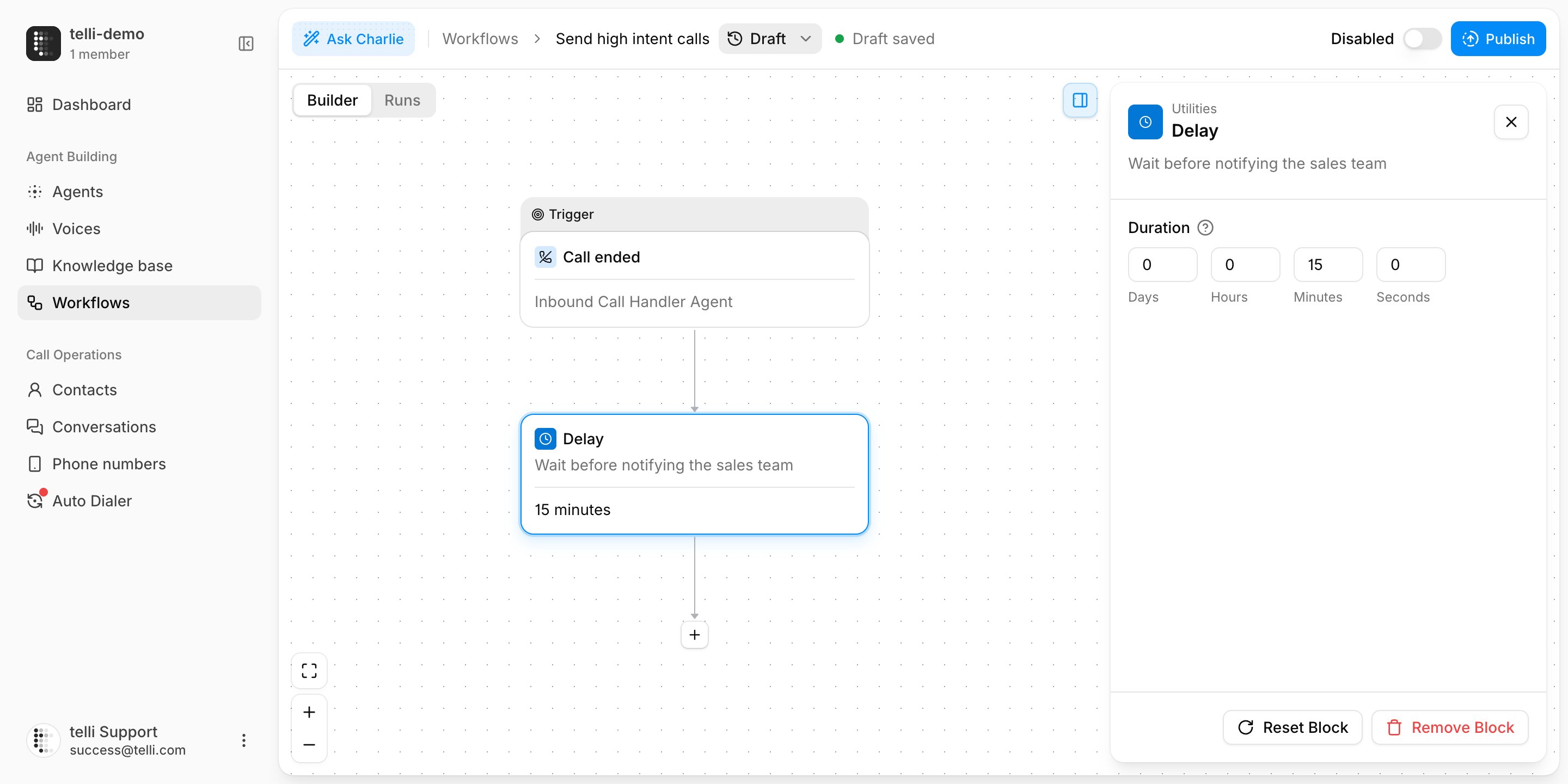 Delay step with duration controls in the workflow builder