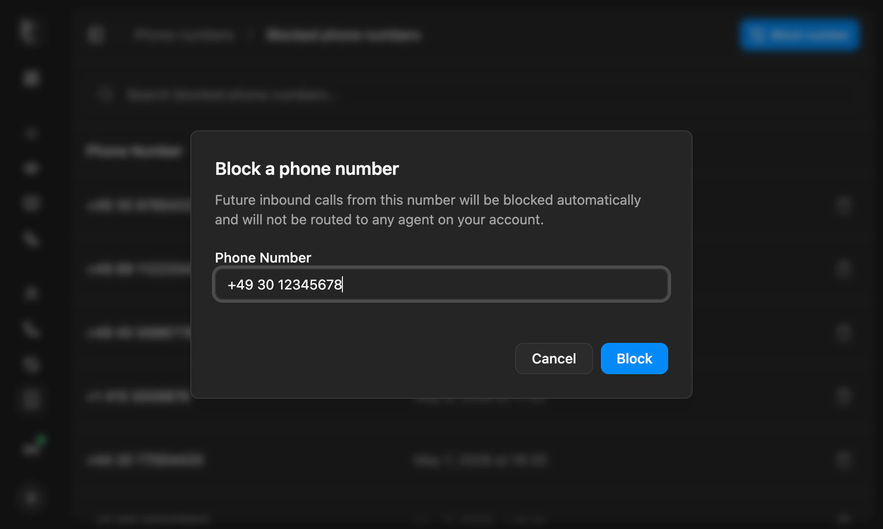 Block a phone number dialog with a number filled in
