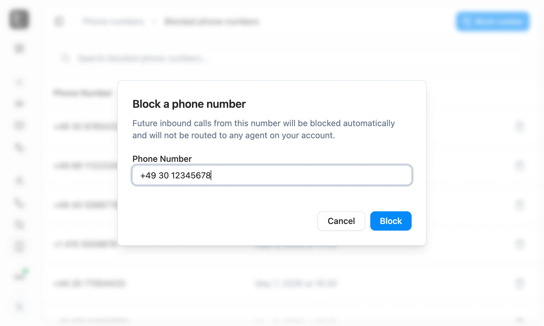 Block a phone number dialog with a number filled in