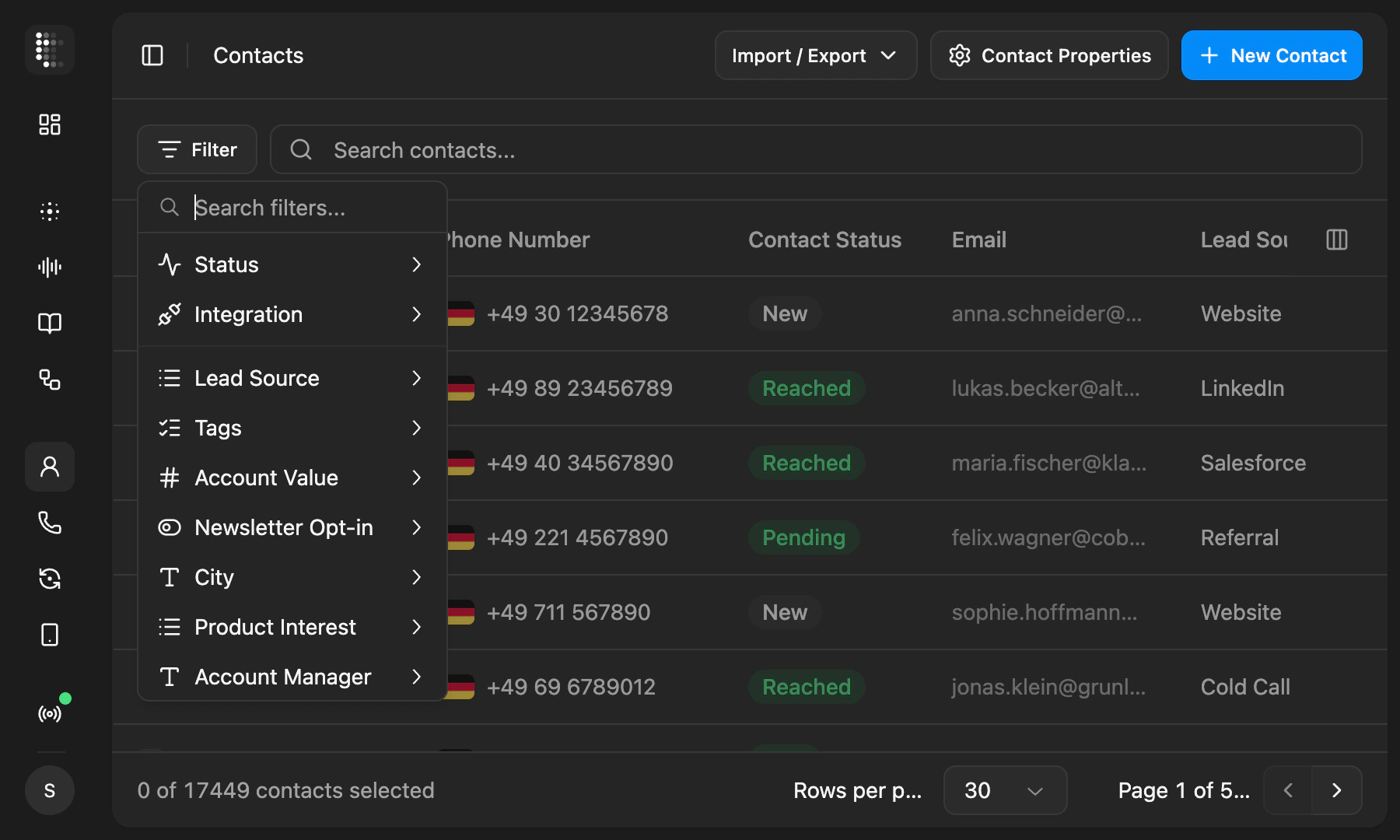 Contacts page with the filter menu open showing property options