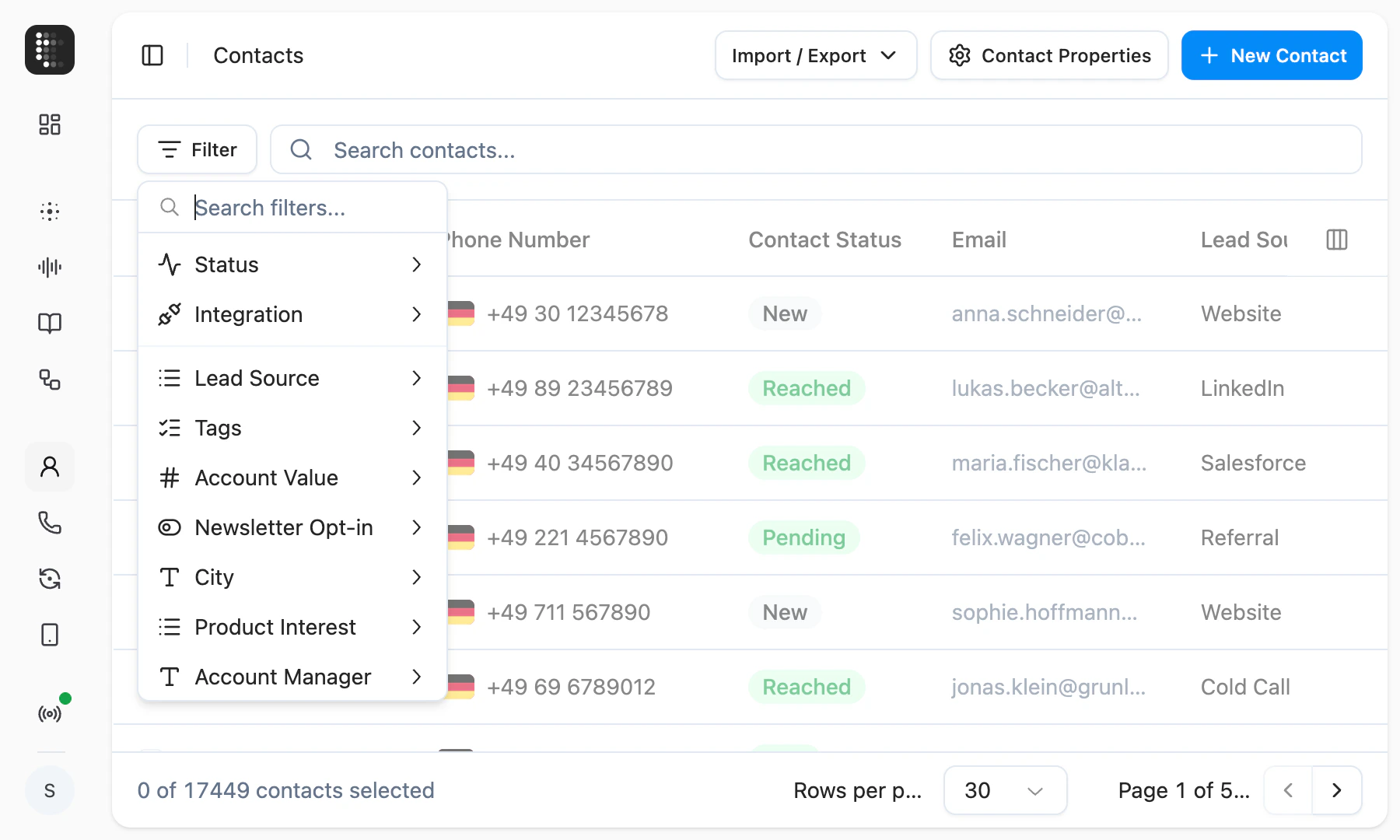Contacts page with the filter menu open showing property options