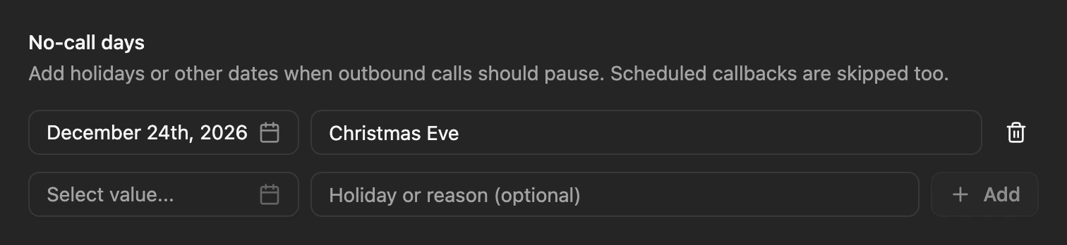 No-call days settings with Christmas Eve added